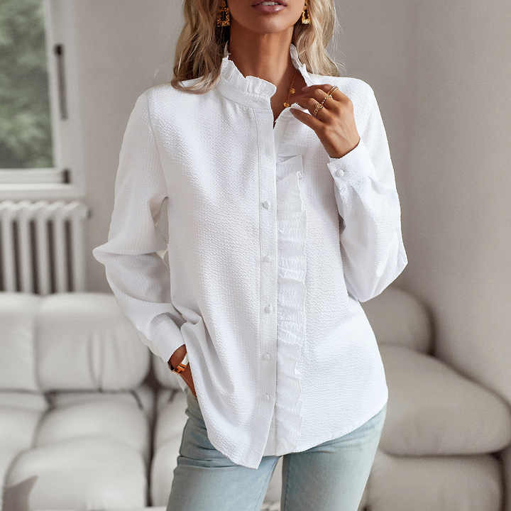 Sheri™ long-sleeve blouse pleated silhouette breathable feminine elegance in soft neutral tone