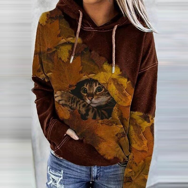 Women's relaxed fit hoodie in cotton-feel fabric with artistic handprint design and kangaroo pocket