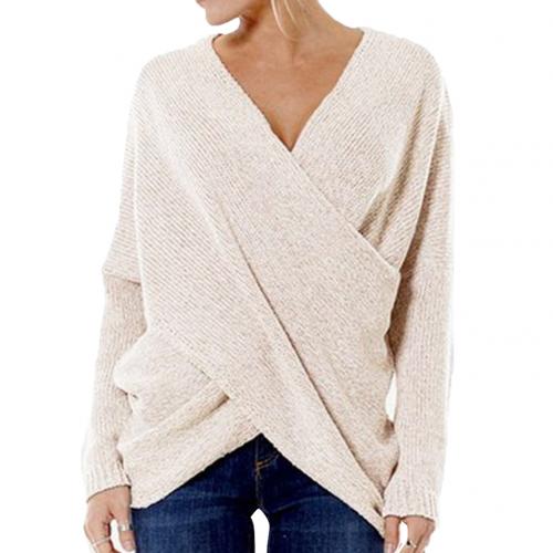 Women's ribbed knit relaxed fit pullover, long sleeve V-neck crossover design, versatile layering sweater