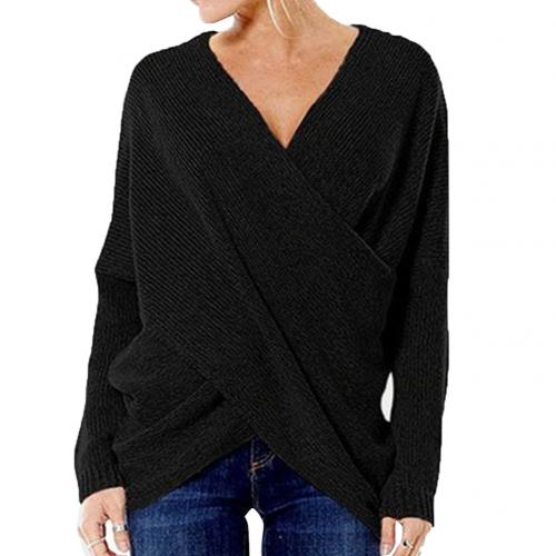 Women's ribbed knit relaxed fit pullover, long sleeve V-neck crossover design, versatile layering top