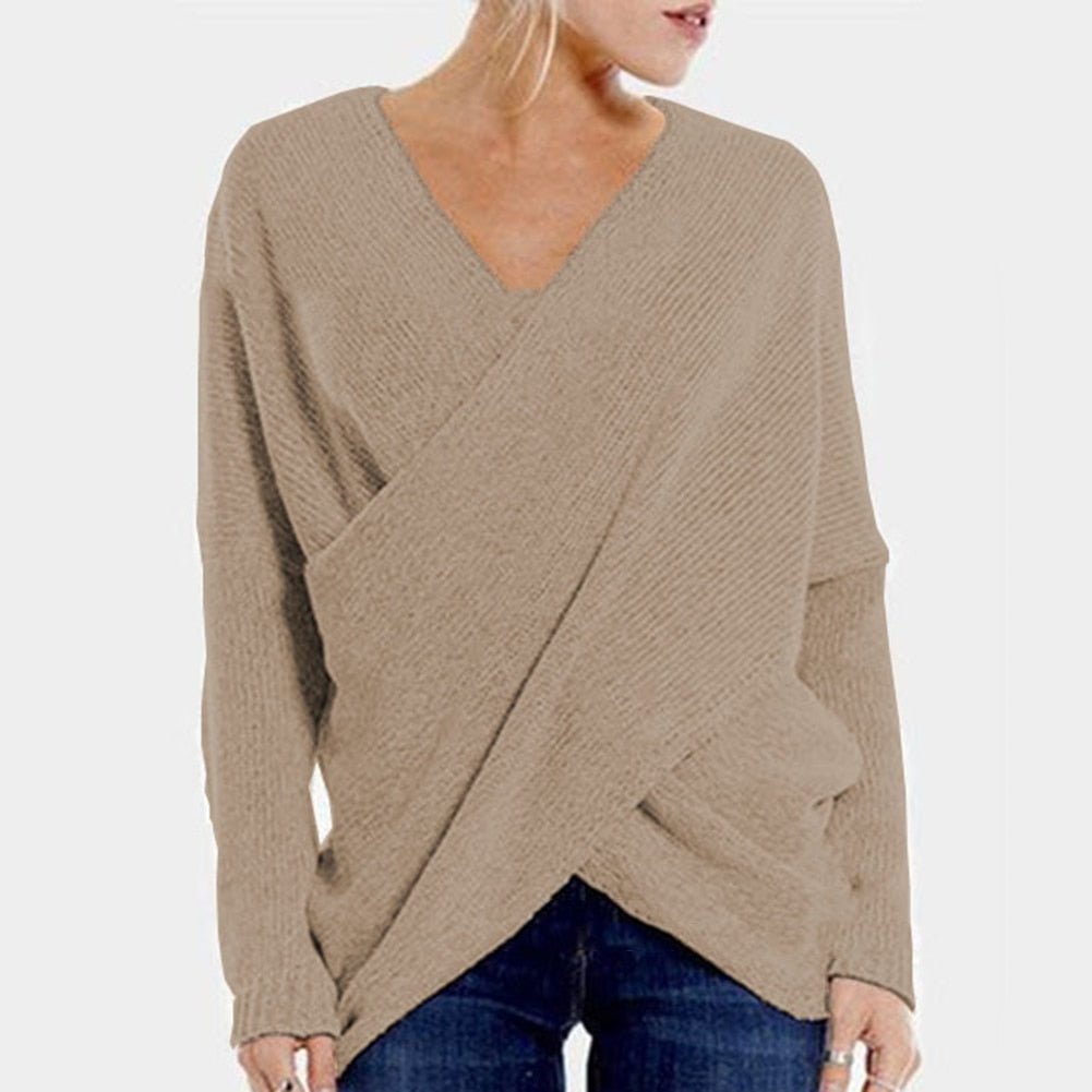 Women's ribbed knit relaxed fit pullover with long sleeve V-neck crossover detail, versatile layering piece