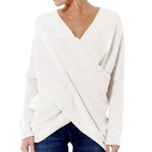 Women's ribbed knit relaxed fit pullover, long sleeve V-neck crossover style, versatile layering top