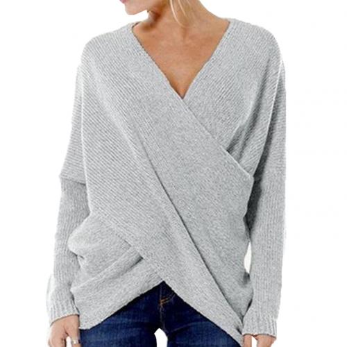 Women's ribbed knit relaxed fit pullover, long sleeve V-neck crossover style, versatile layering piece