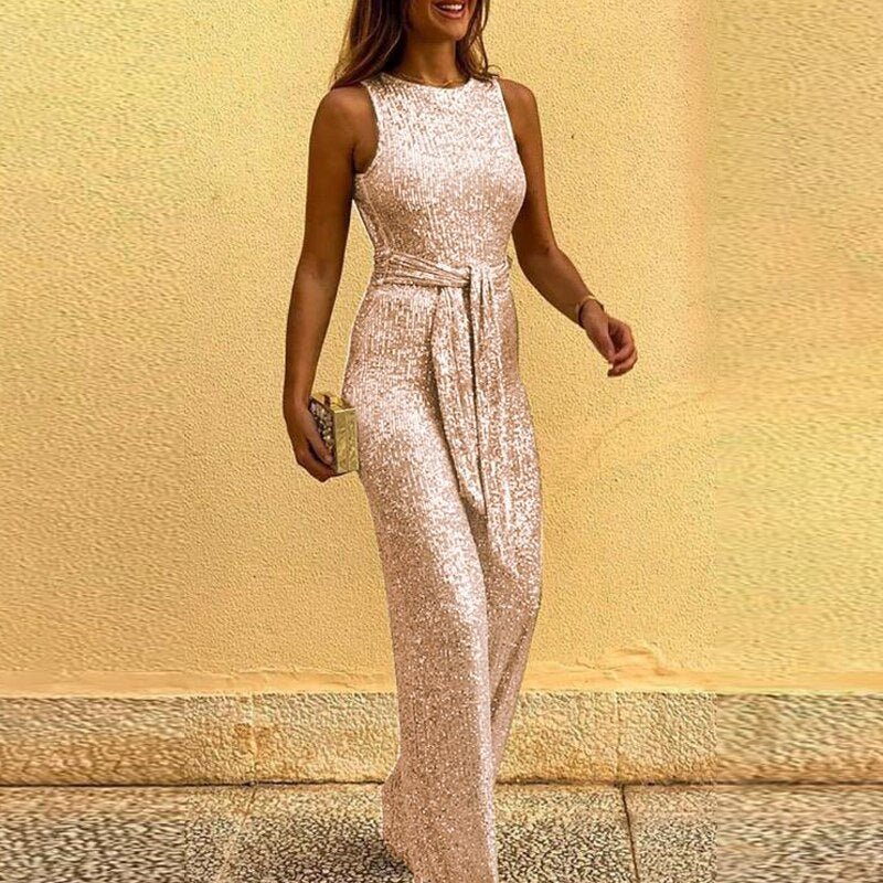 Women's silver sequin jumpsuit sleek figure-enhancing silhouette allover shimmer for evening events
