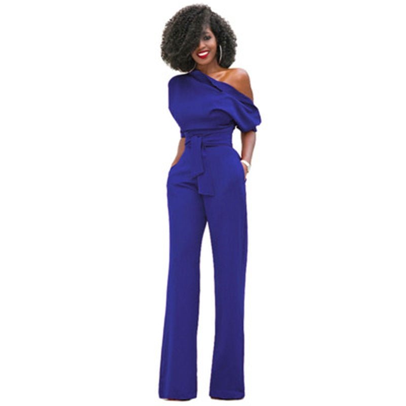 Red wide-leg jumpsuit off-shoulder asymmetric neckline puff sleeve belted formal women's one-piece