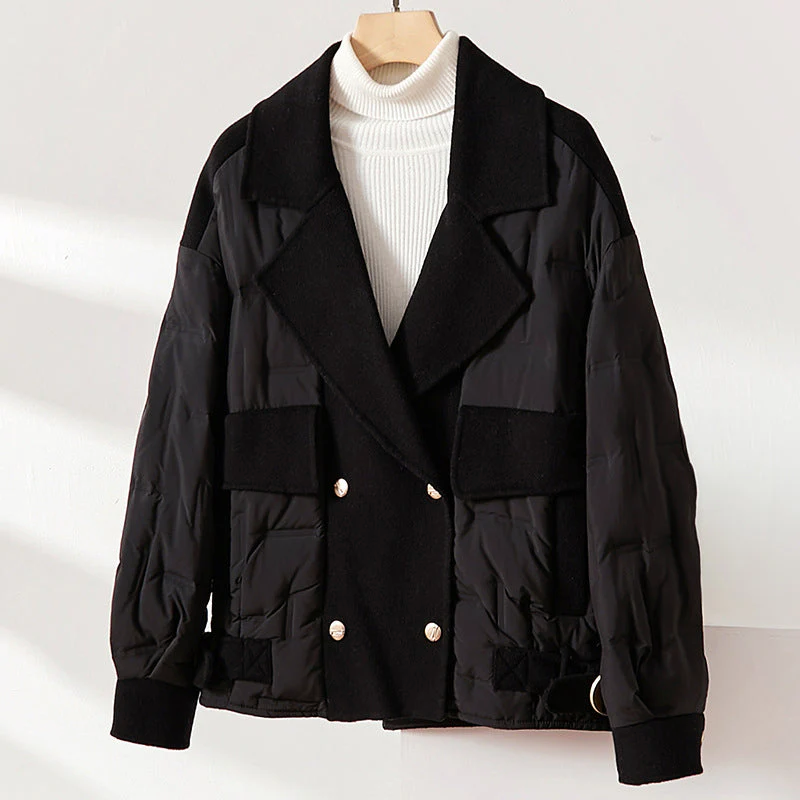 Women ivory down-filled wool jacket lapel collar quilted panels double-breasted winter coat