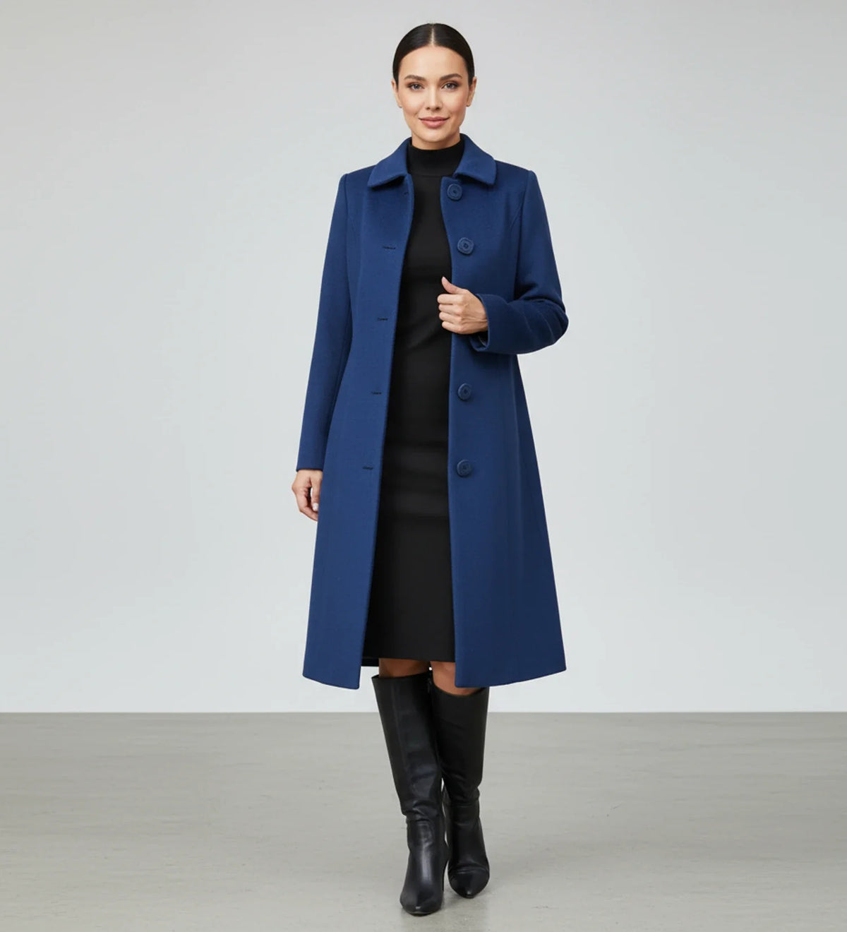 Women's long A-line walker coat with button-front collared neckline, fit-and-flare timeless silhouette