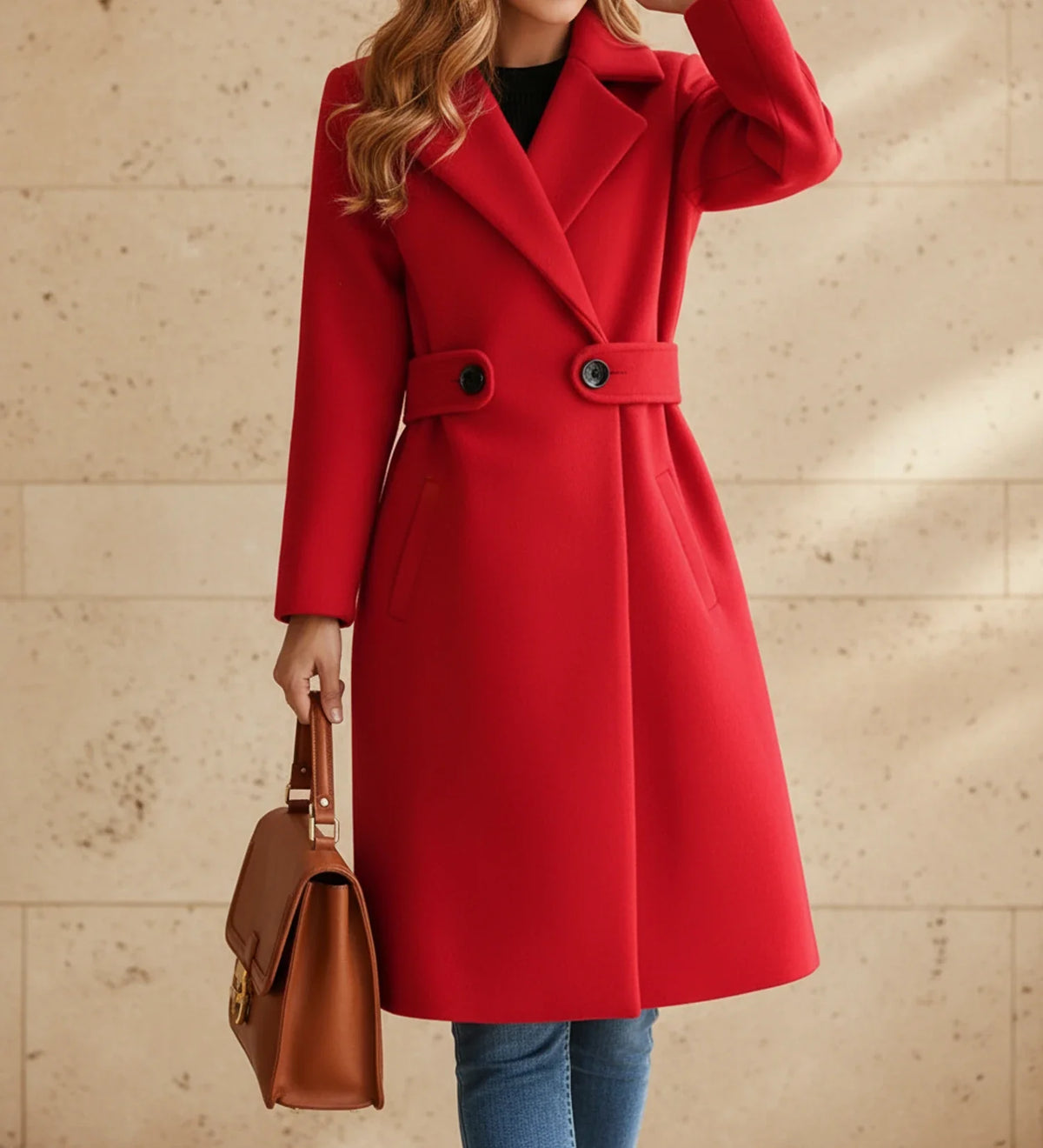 Women's belted straight-cut coat with wide notched lapels and figure-defining waist belt