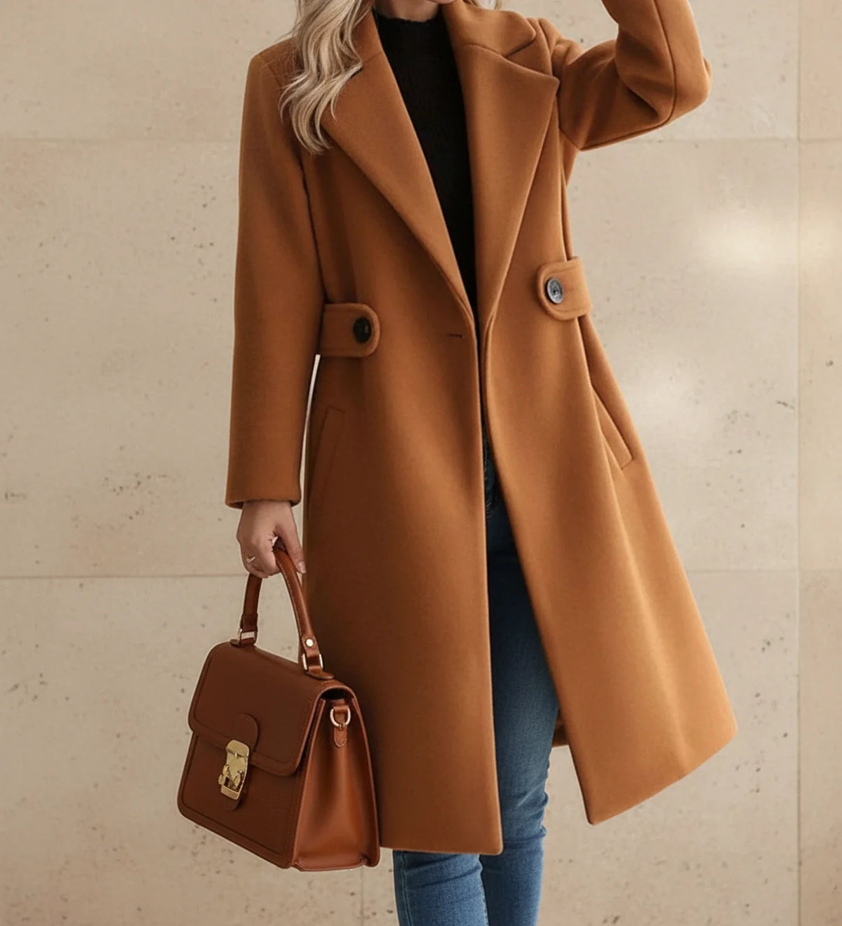 Women's belted straight-cut coat with notched wide lapels and figure-defining waist belt