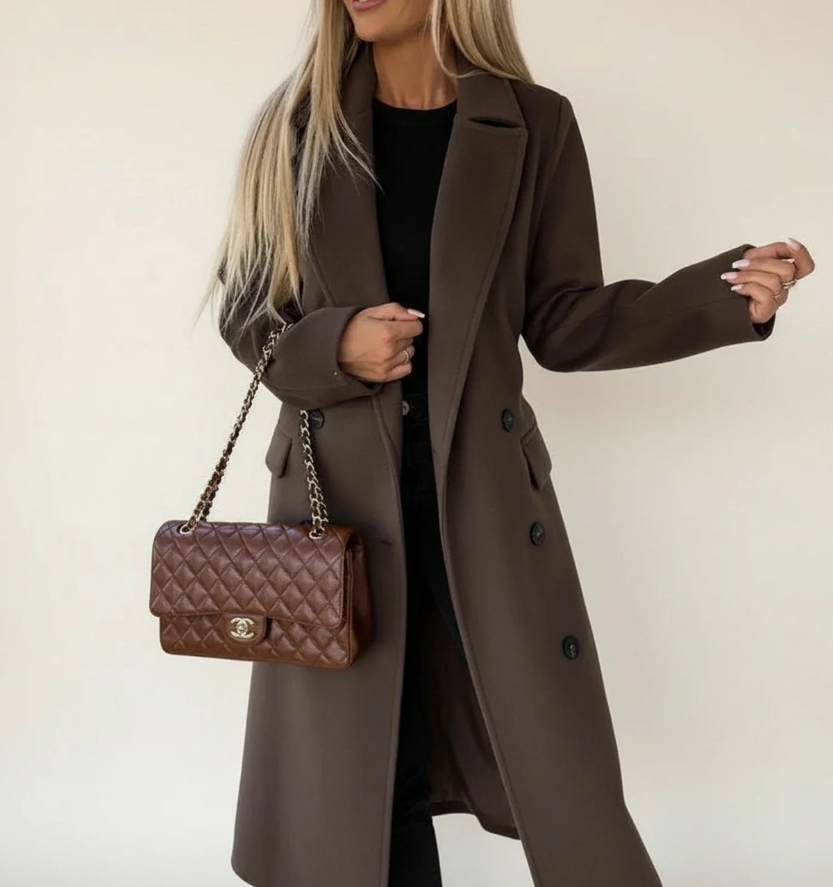 Women's belted midi winter coat in classic cut with notch lapel and double-breasted front