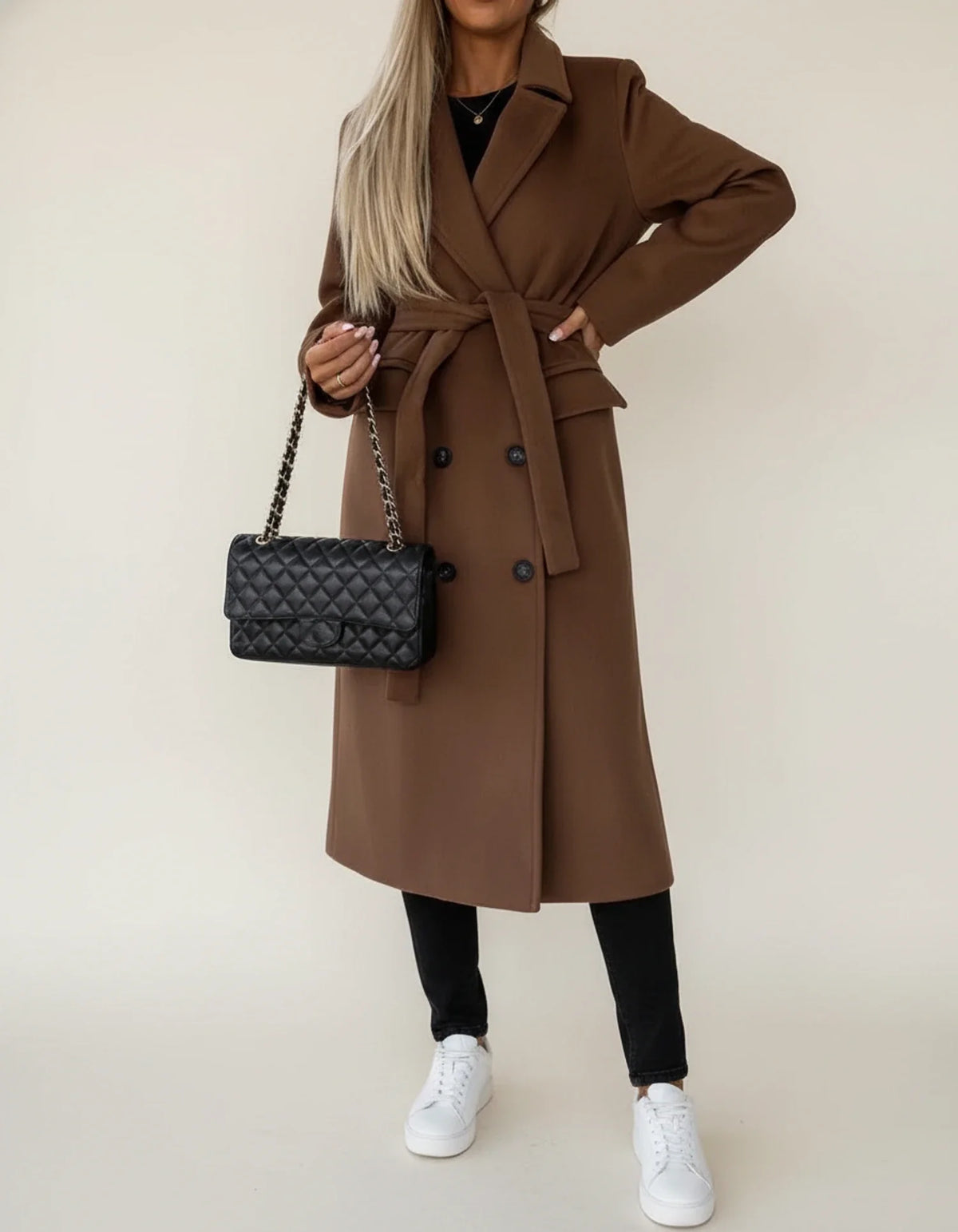 Women's belted midi winter coat in classic cut with notch lapel and double-breasted front