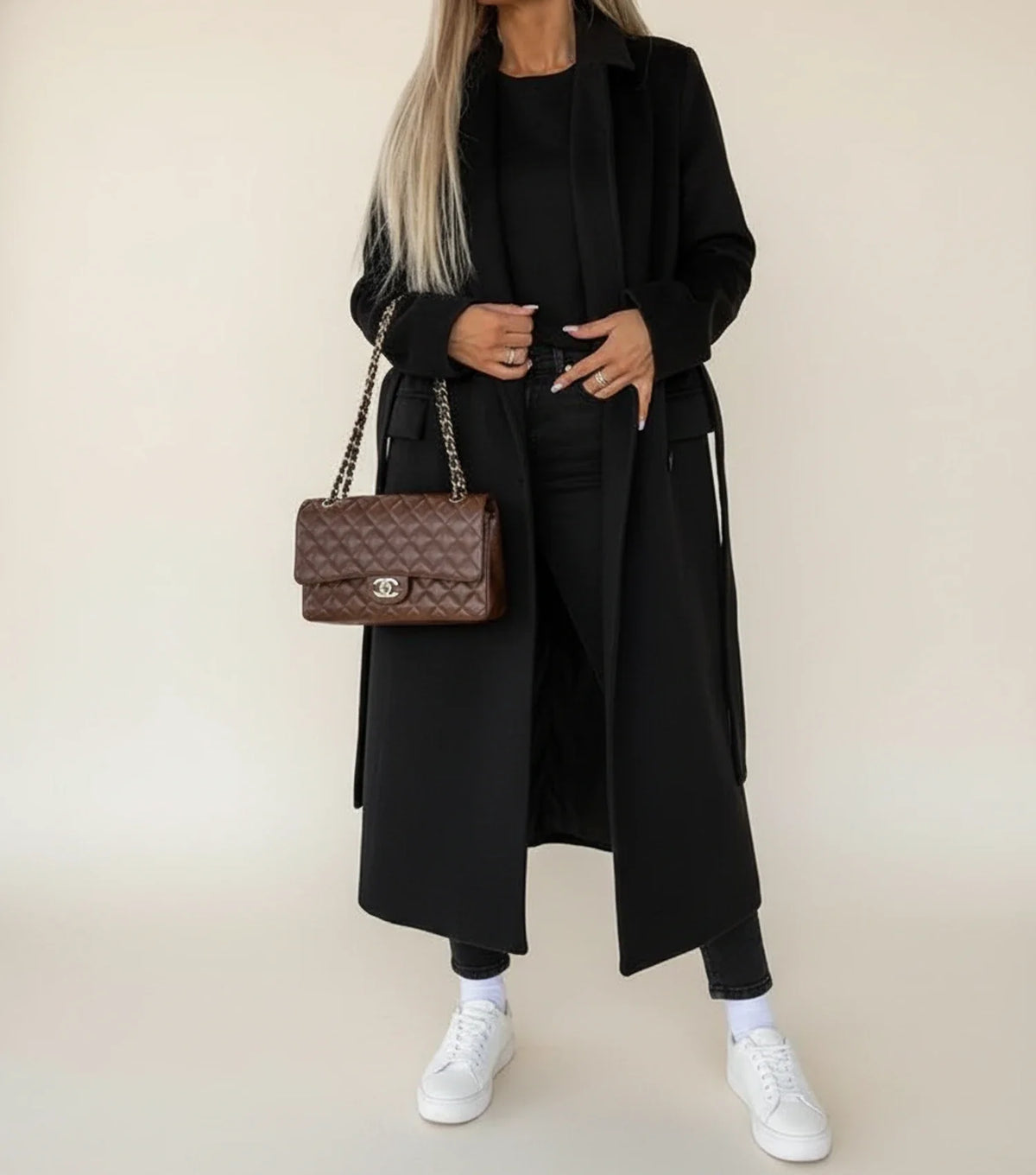Women's belted midi winter coat in classic cut with notch lapel and double-breasted front