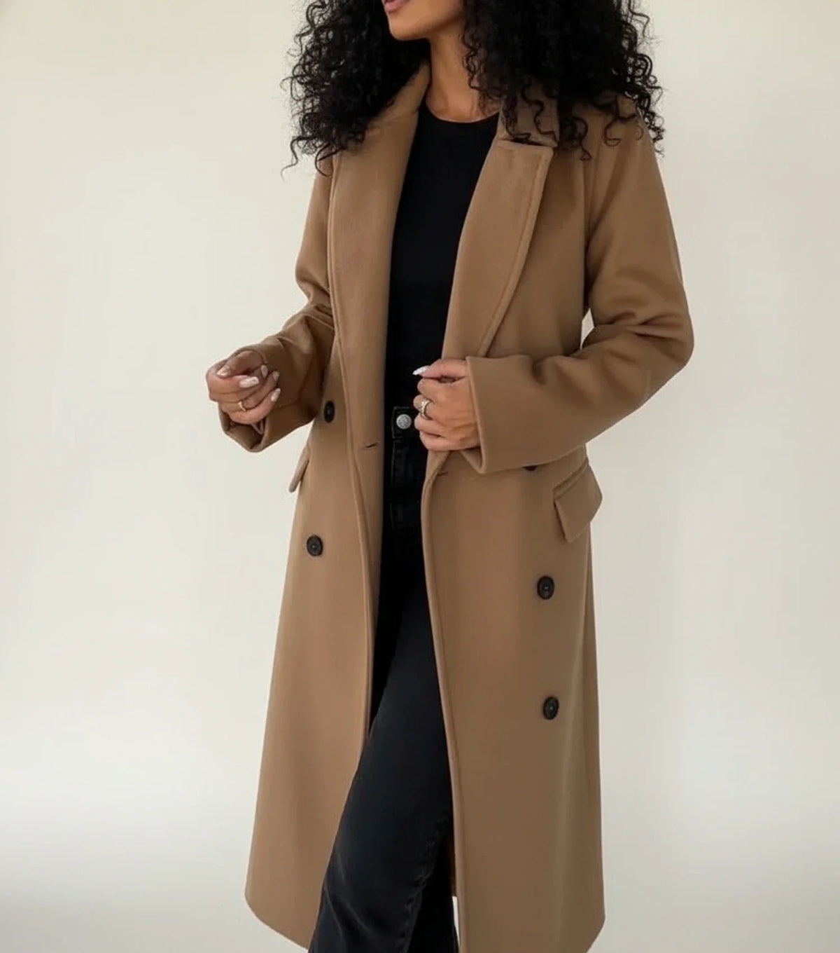 Women's belted midi winter coat in classic style with notch lapel and double-breasted front