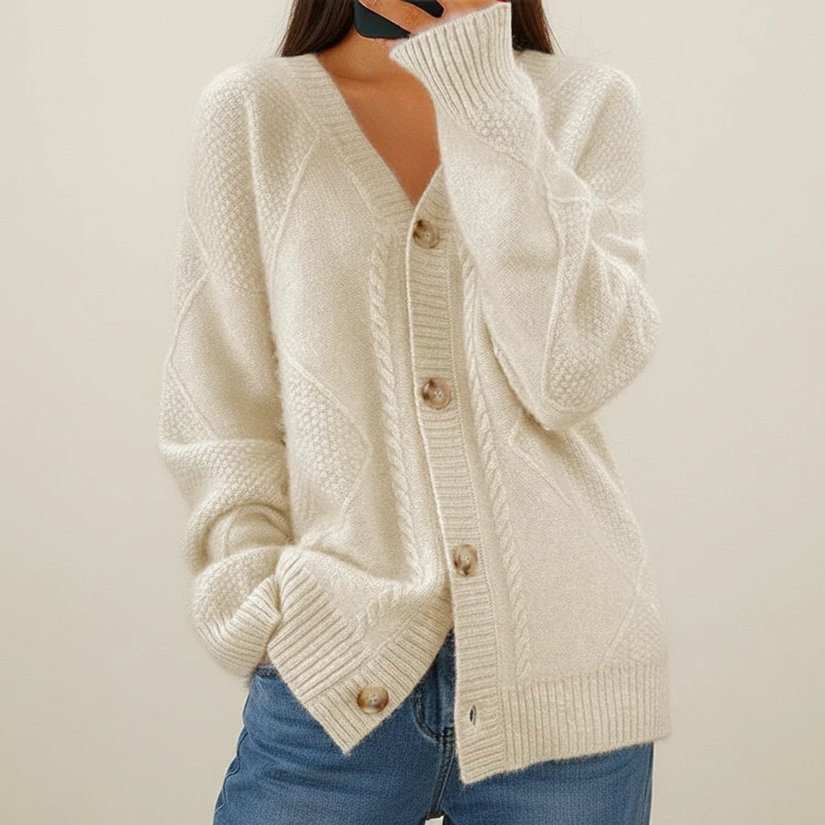 Soft pink cable knit cardigan women V-neck button front cozy everyday layering essential