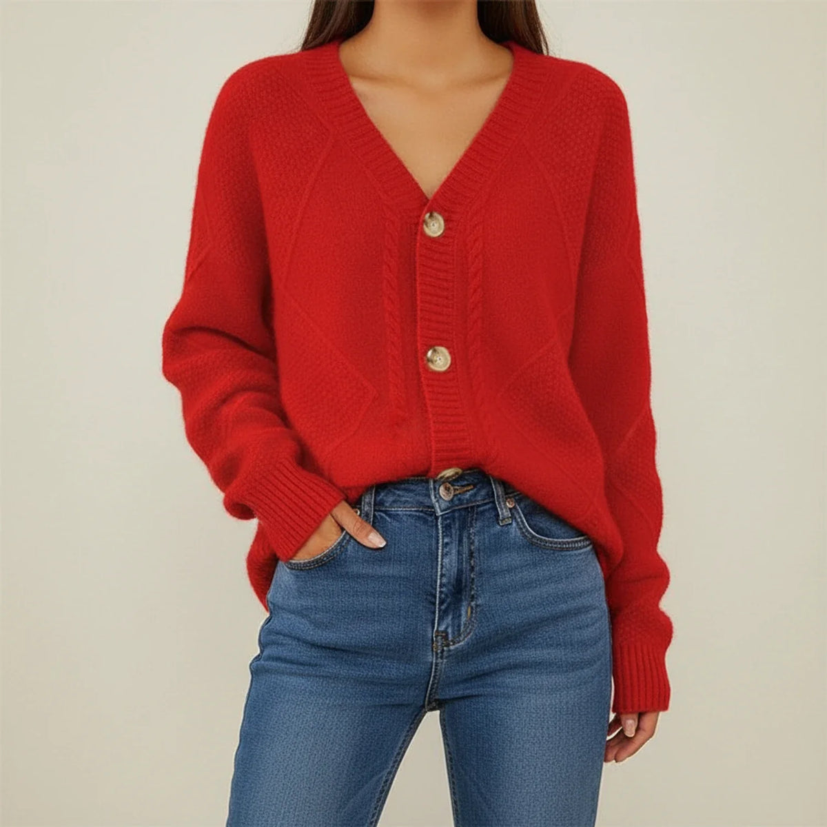 Soft pink cable knit cardigan with V-neck, button front closure, cozy everyday layering essential