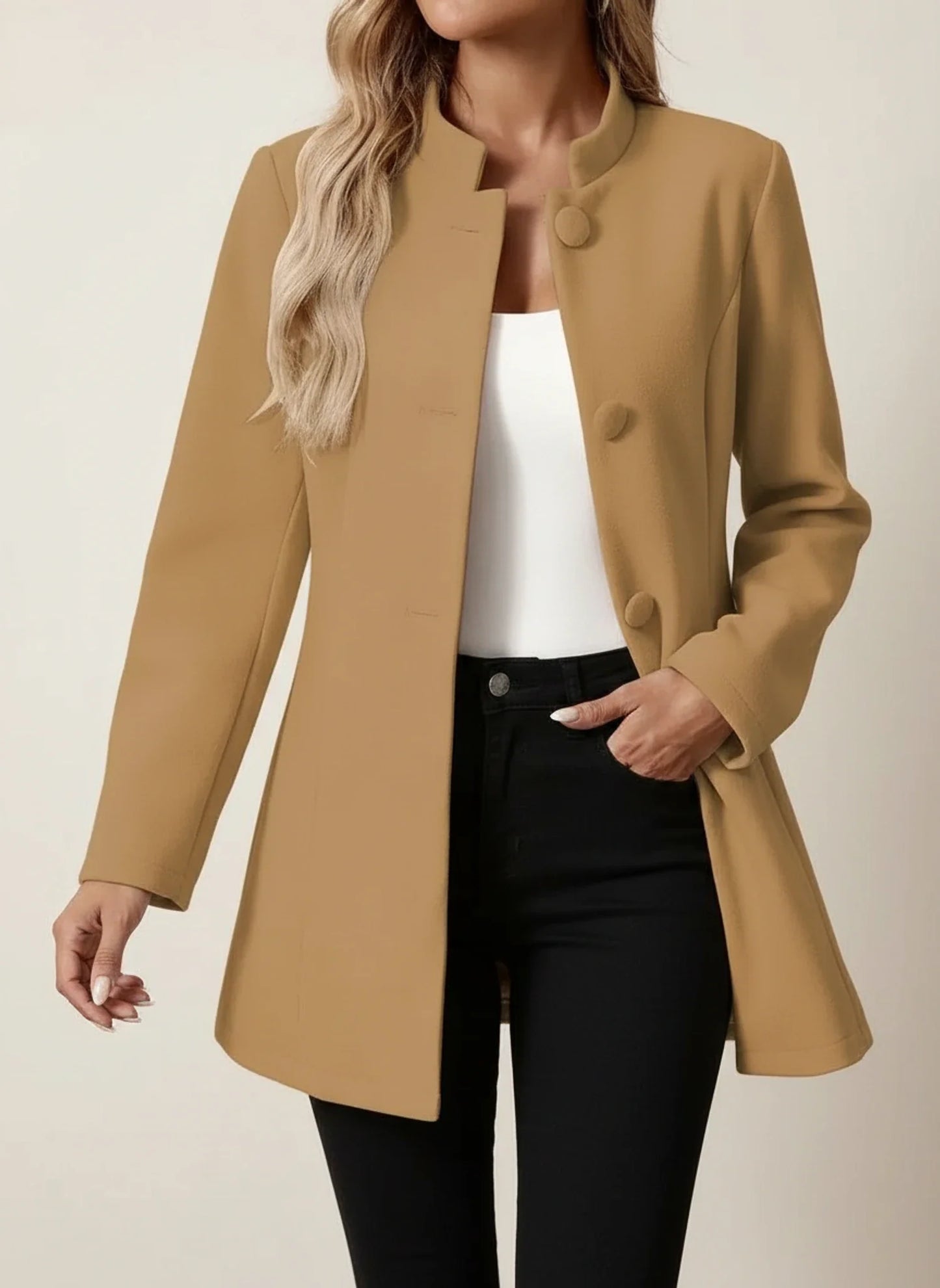 Women's stand collar blazer coat A-line silhouette hip-length button-front business casual outerwear with pockets