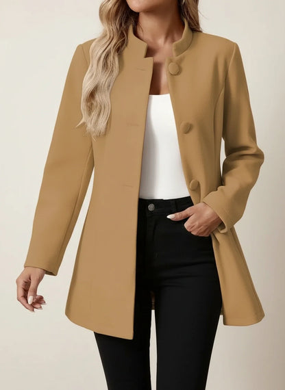 Women's stand collar blazer coat A-line silhouette hip-length button-front business casual outerwear with pockets