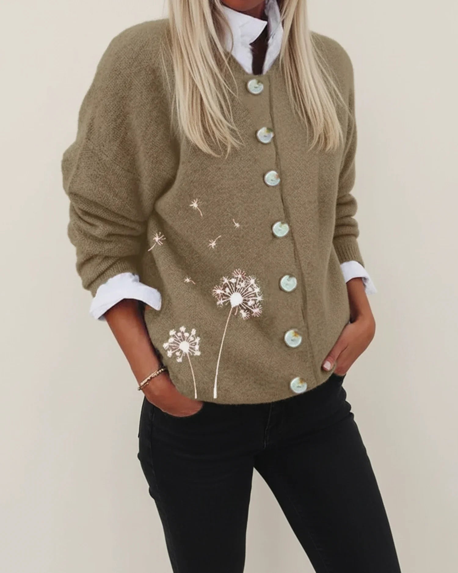 Women's cozy cream button-front cardigan relaxed fit with delicate dandelion embroidery detail