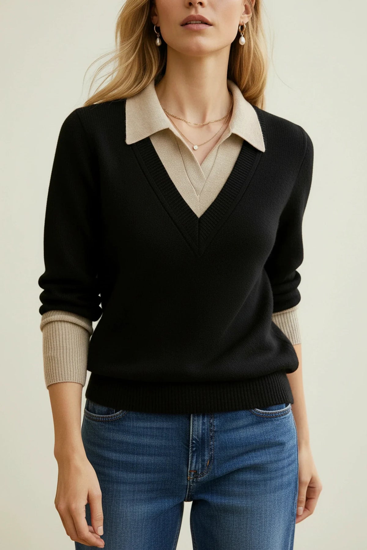 Women's collared V-neck knit sweater with button cuff details for polished everyday versatility