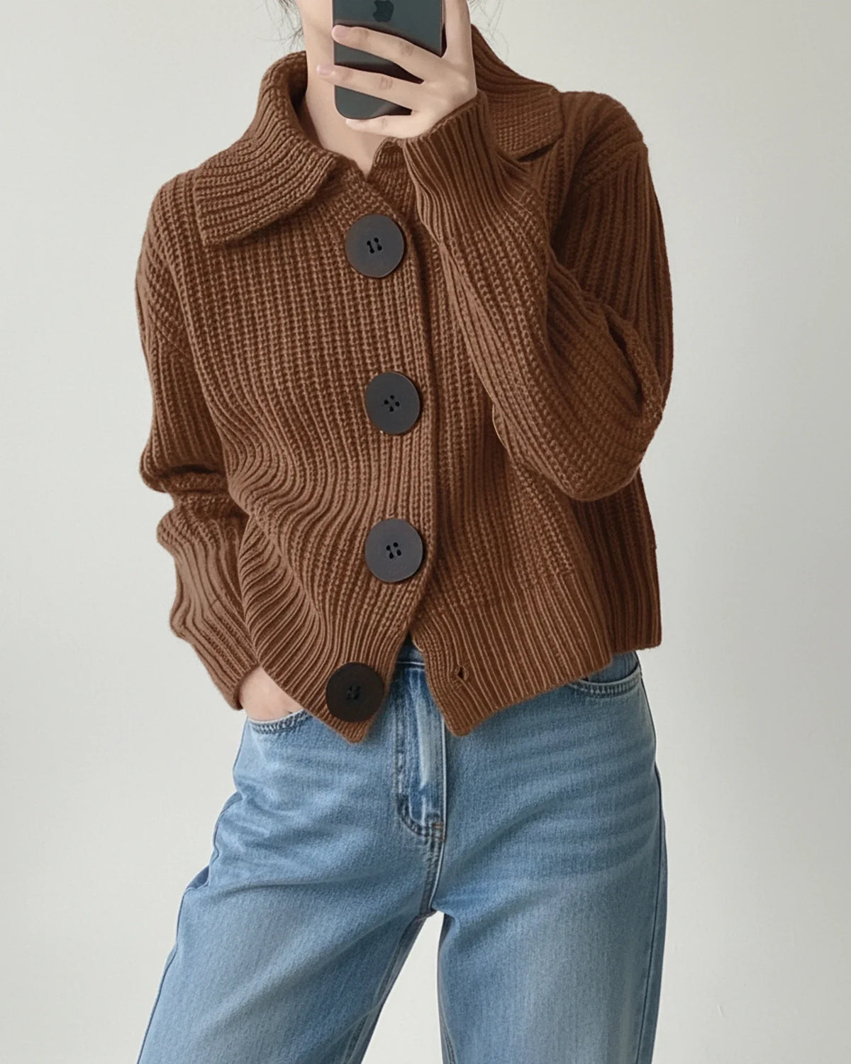 Women's cropped knit cardigan in cozy neutral, collared button-front with ribbed texture