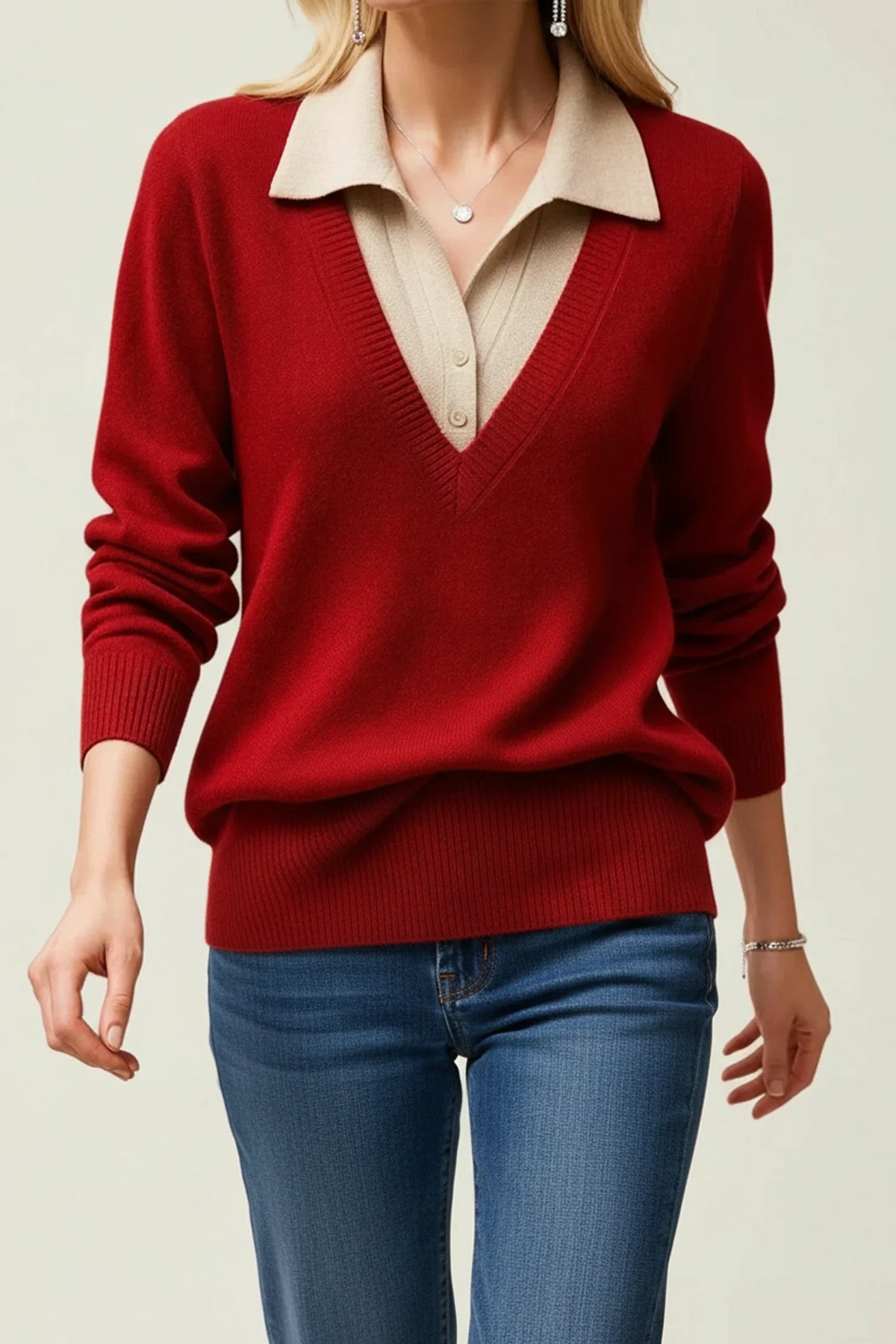 Women's ivory knit collared V-neck sweater with polished button cuff details for versatile everyday style