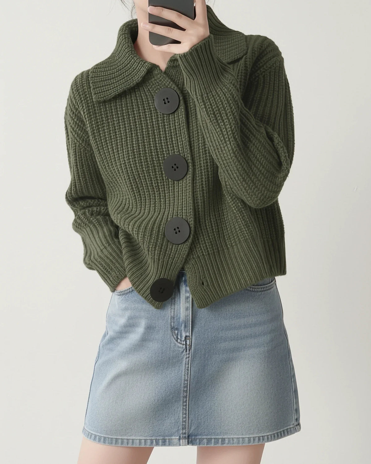Women's cropped knit cardigan in cozy neutral tones with ribbed texture and button-front collar detail