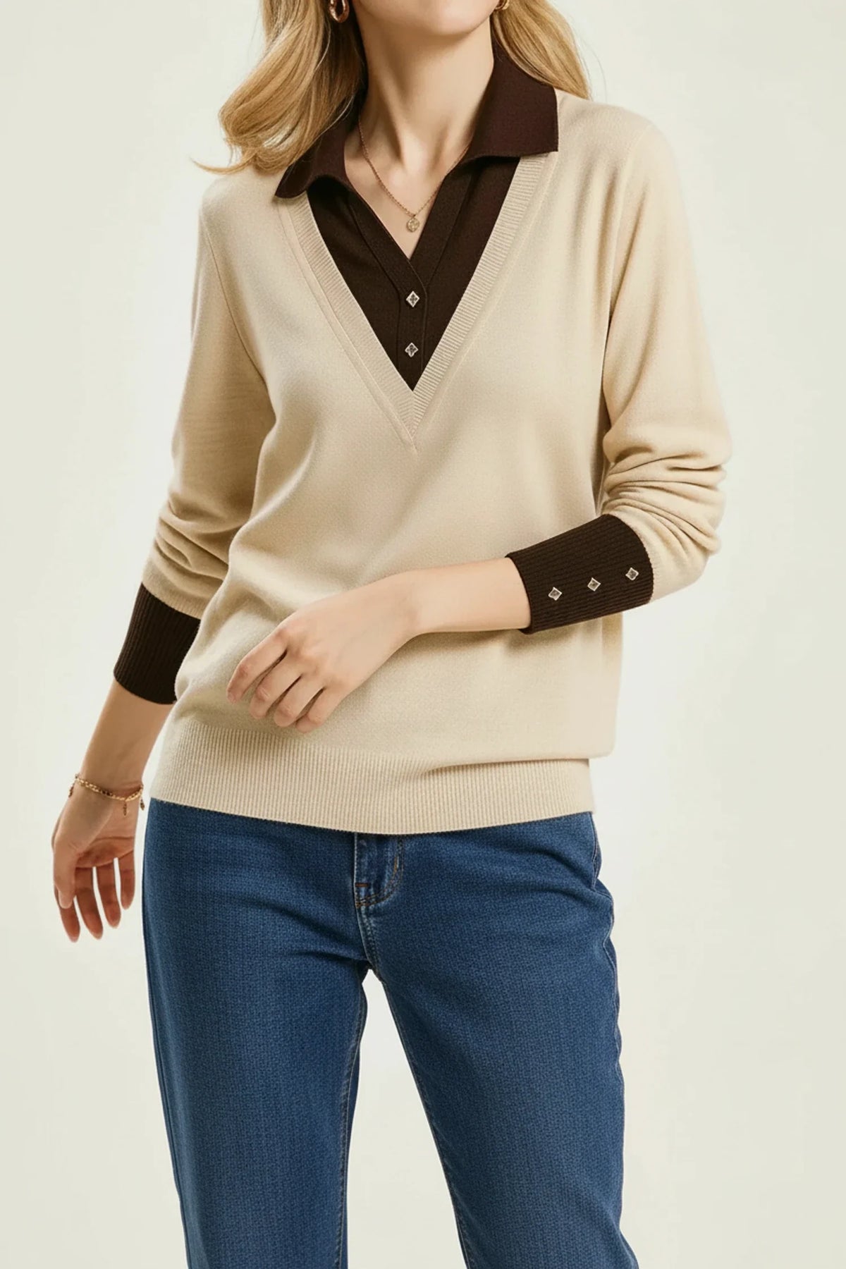 Women's collared V-neck knit sweater with button cuff details for polished everyday style