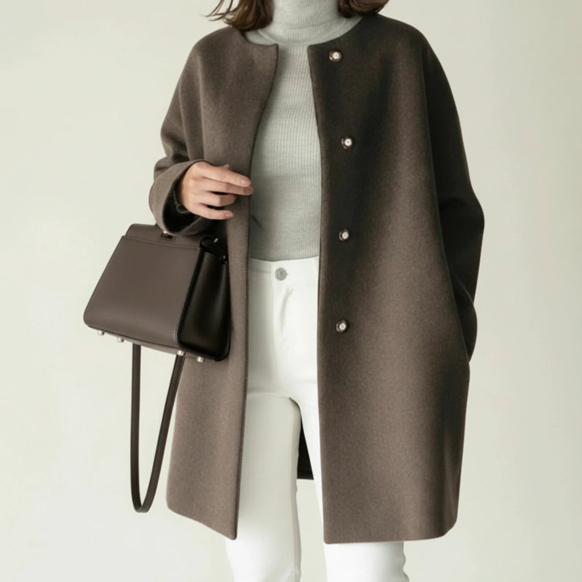Women's minimalist collarless A-line winter coat, mid-length button-front, chic versatile silhouette