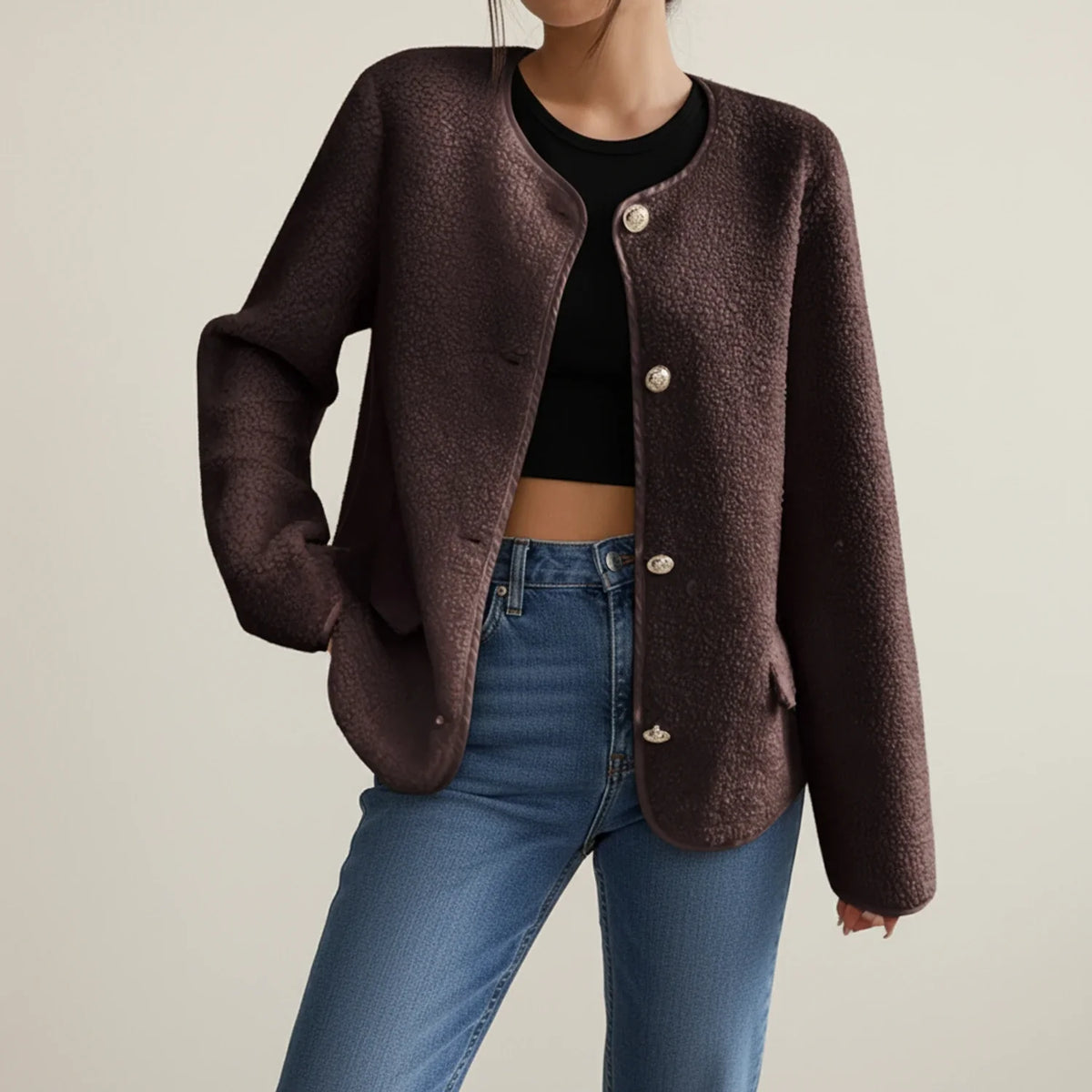 Women's collarless tweed jacket relaxed fit button front with patch pockets chic layering essential