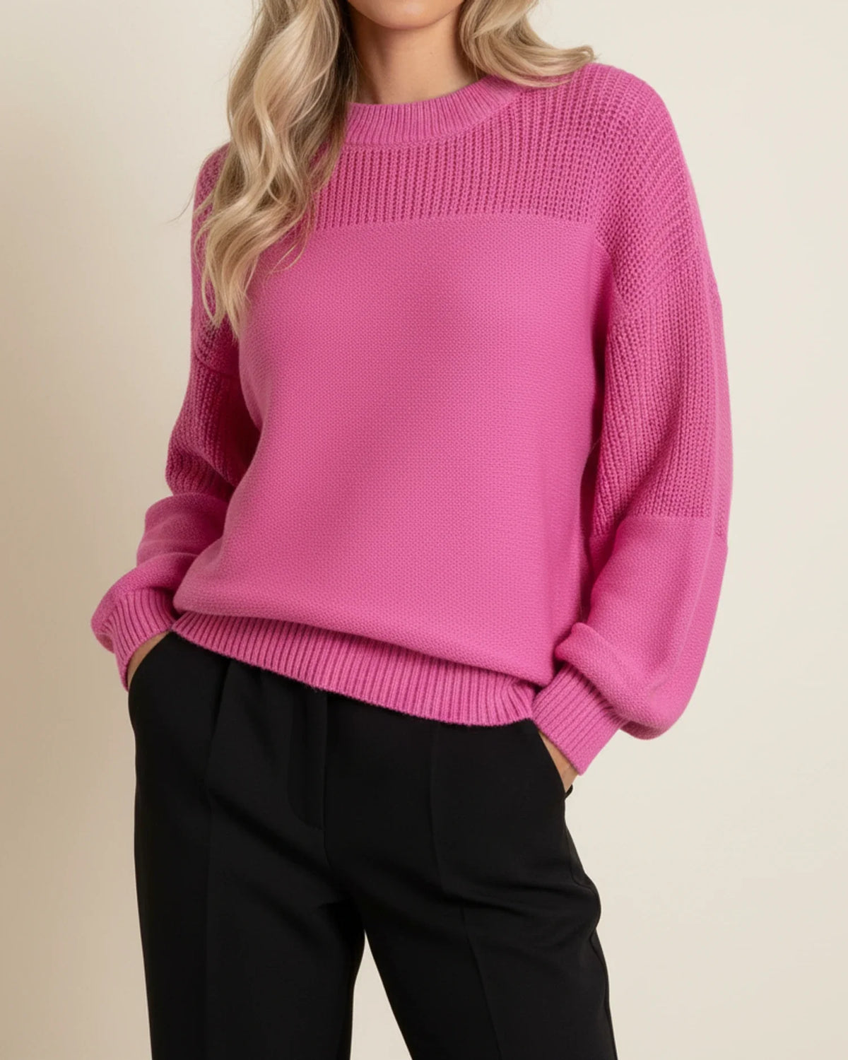 Women's color block knit crewneck sweater relaxed fit ribbed long sleeves cozy winter layering