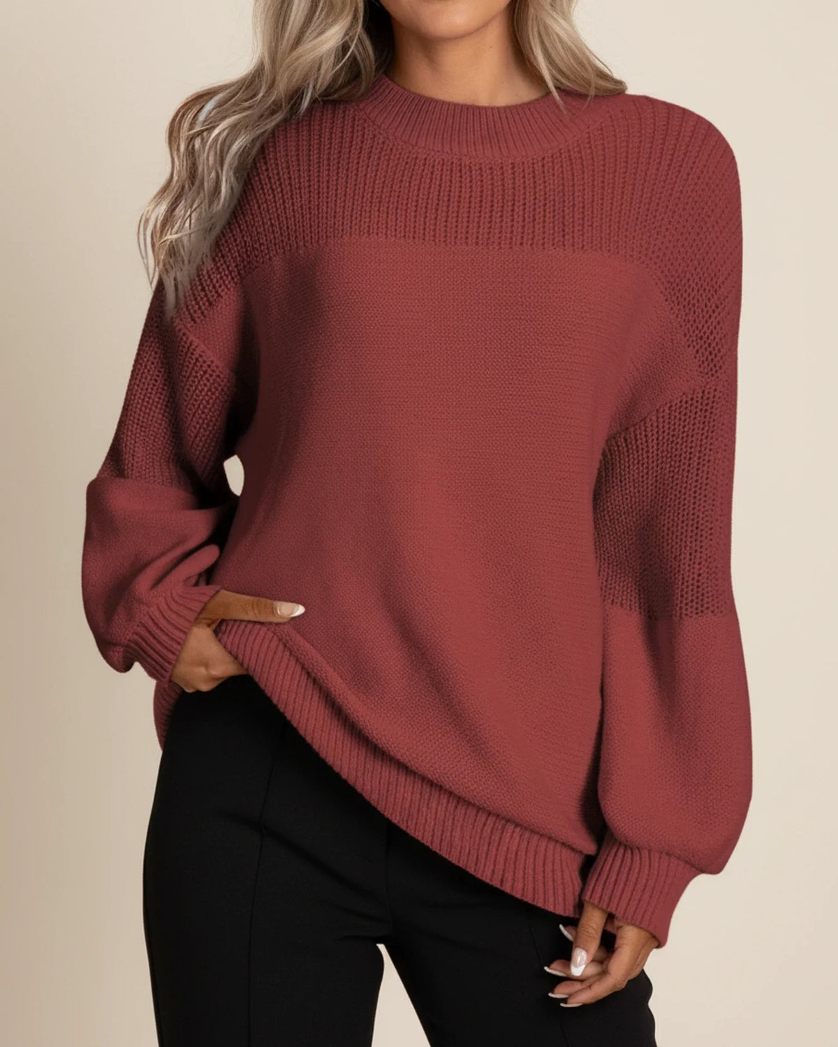 Women's color block crewneck knit sweater relaxed fit ribbed long sleeves for cozy winter layering