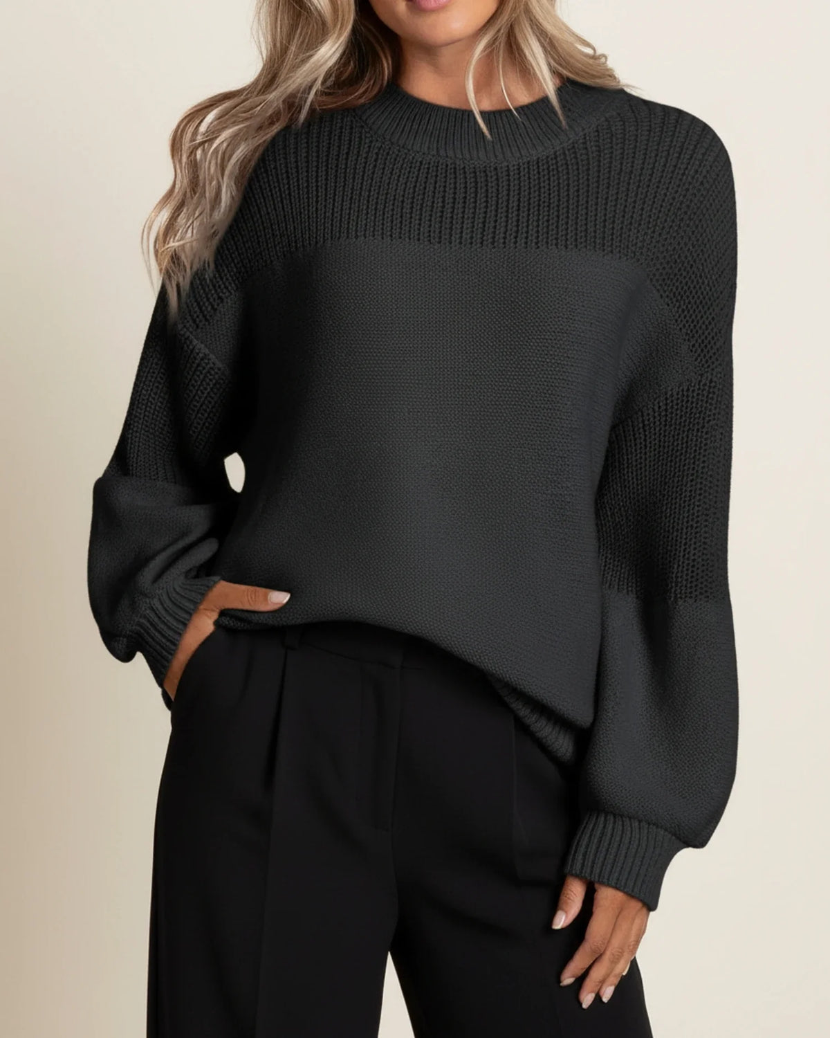 Women's color block knit crewneck sweater relaxed fit ribbed long sleeves cozy winter layering