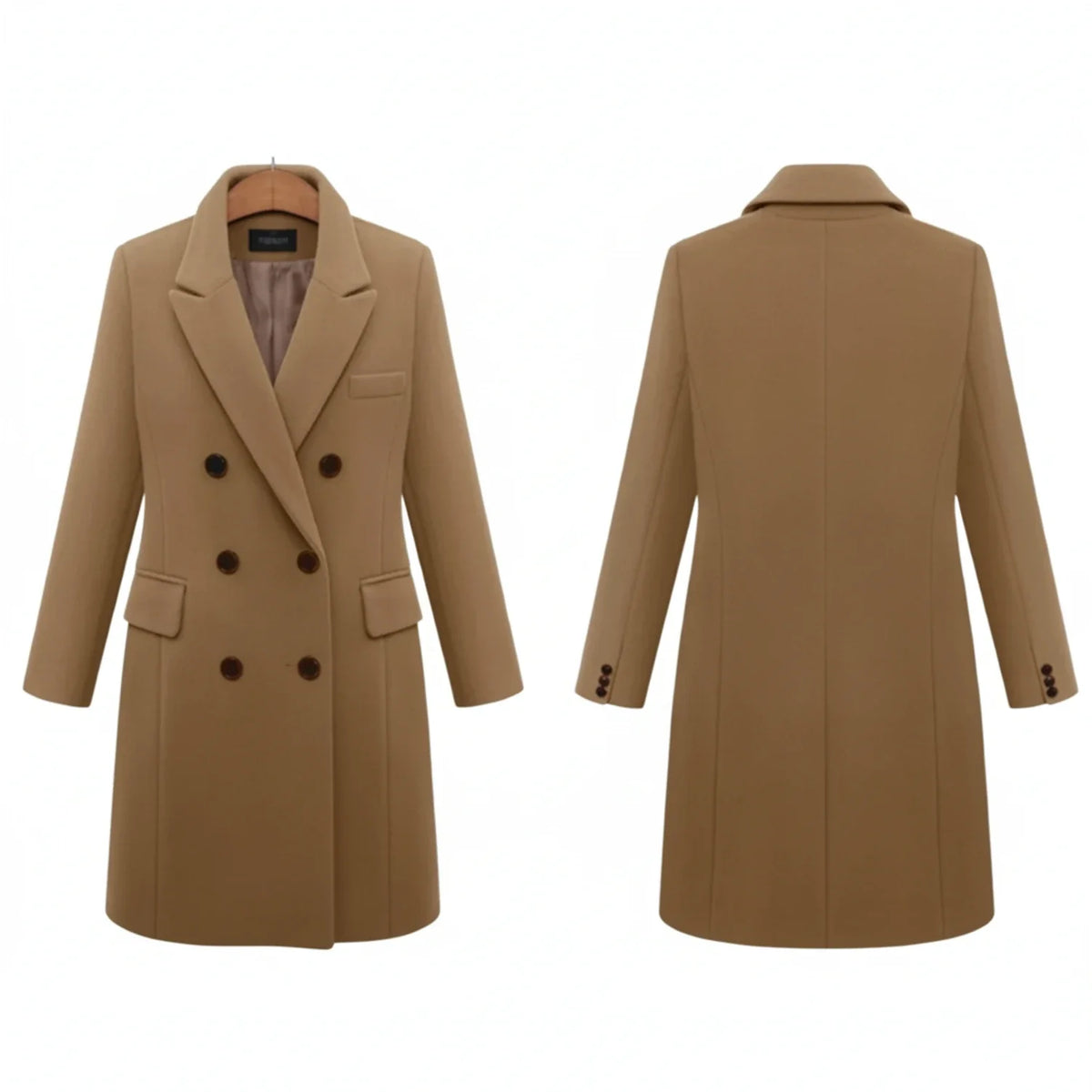 Women's double-breasted long tailored coat with notch lapel, below-the-knee length for professionals