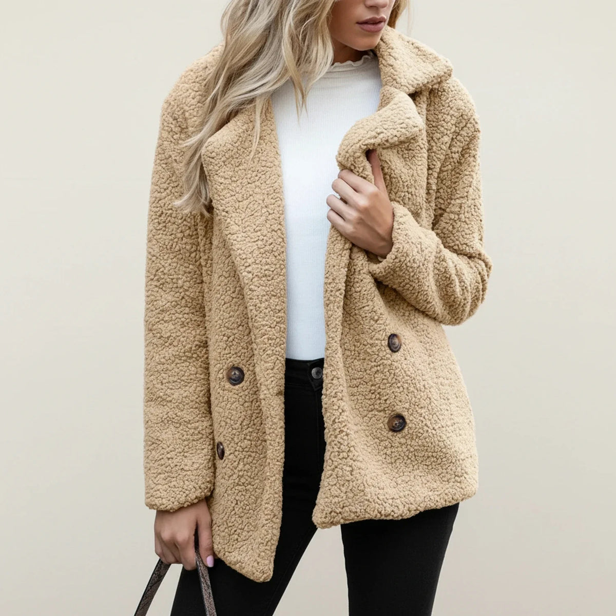 Women's beige teddy peacoat double-breasted relaxed fit collared winter jacket