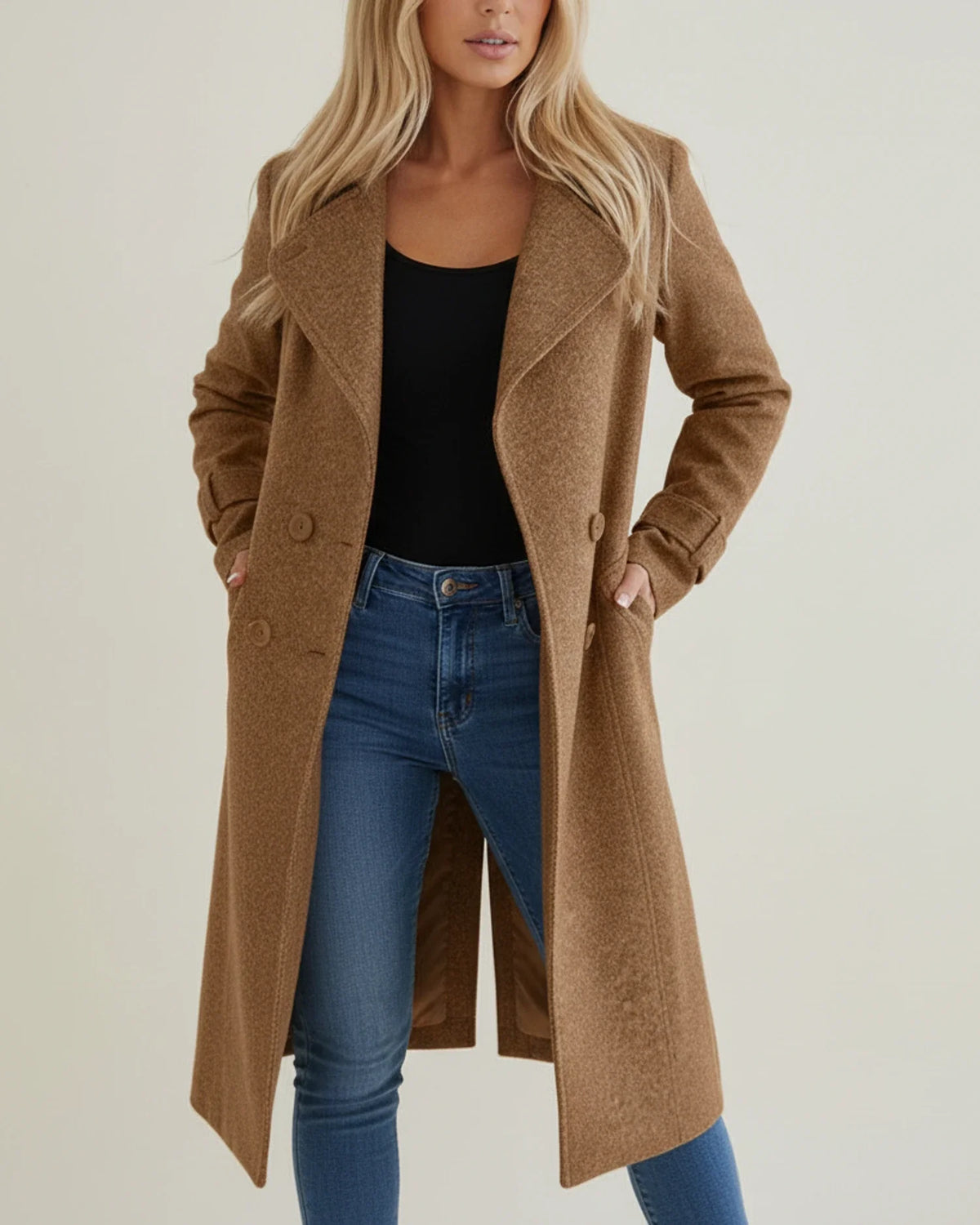 Women's long winter coat double-breasted notched lapel below-knee professional style with front pockets