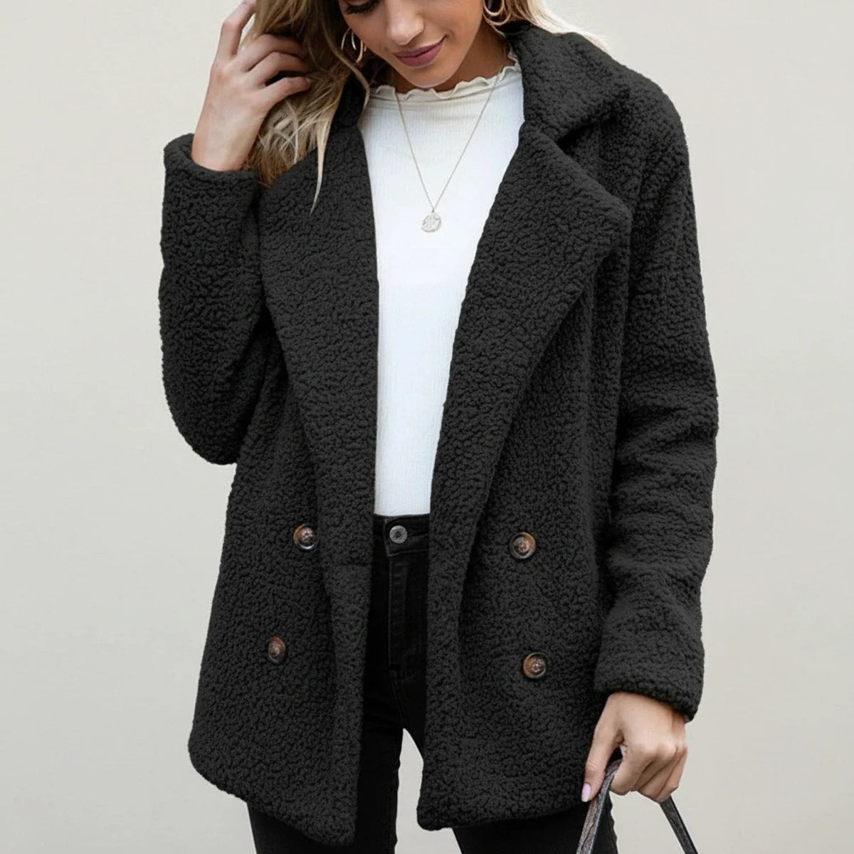 Women's ivory teddy peacoat double-breasted relaxed fit collared winter jacket