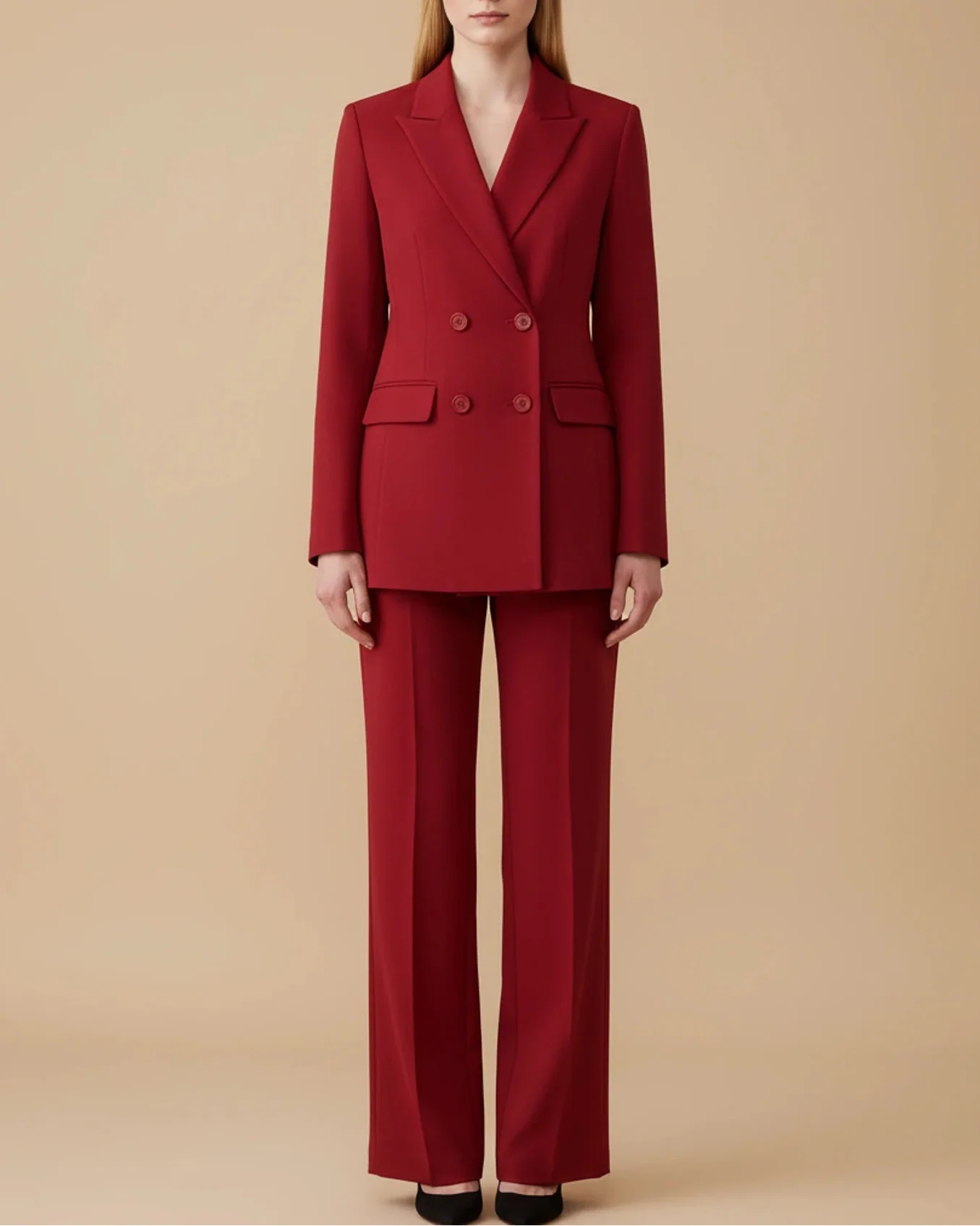 Women's formal double-breasted pantsuit with tailored straight-leg pants and structured blazer for office