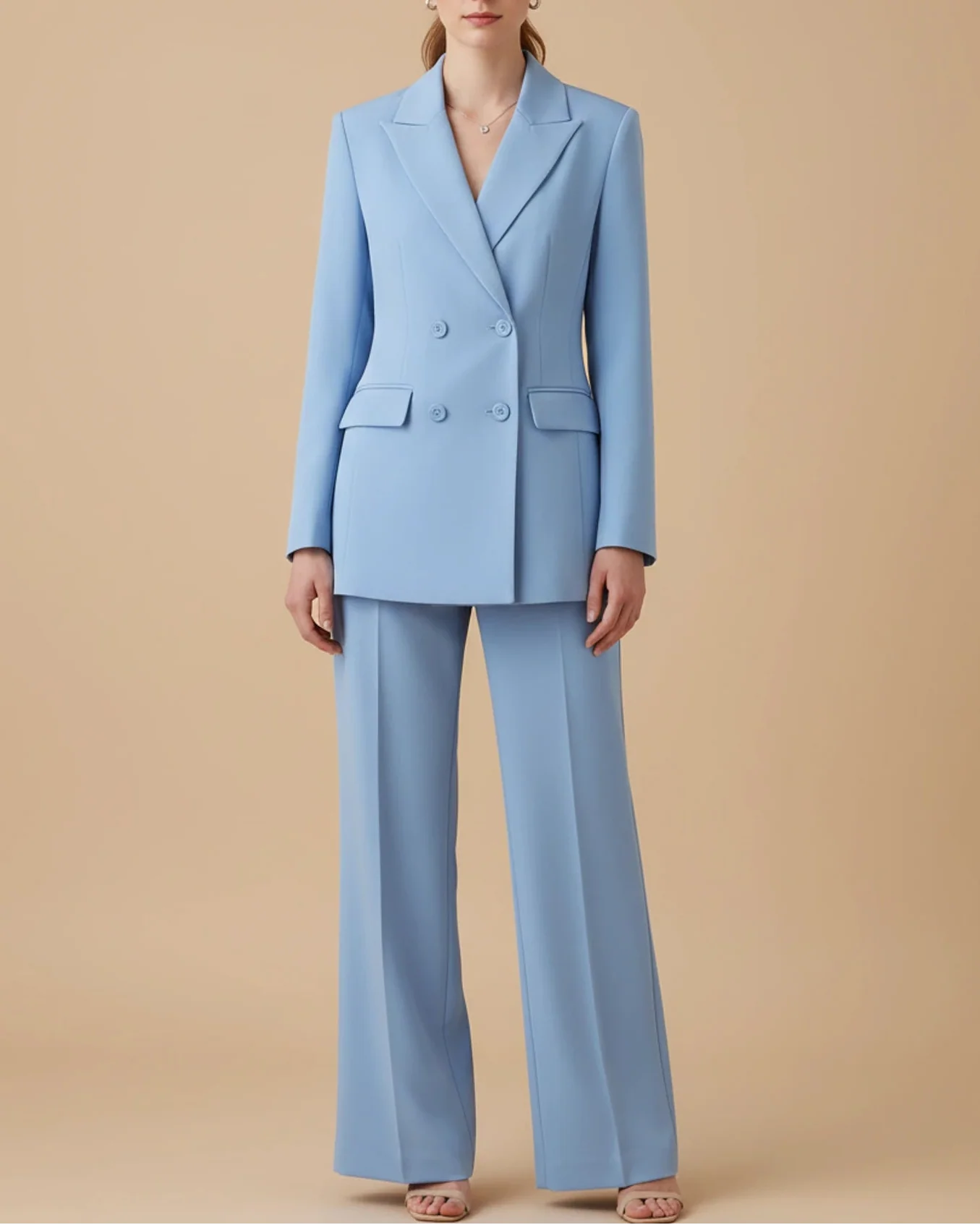 Women's formal double-breasted pantsuit blazer with tailored straight-leg pants for office wear