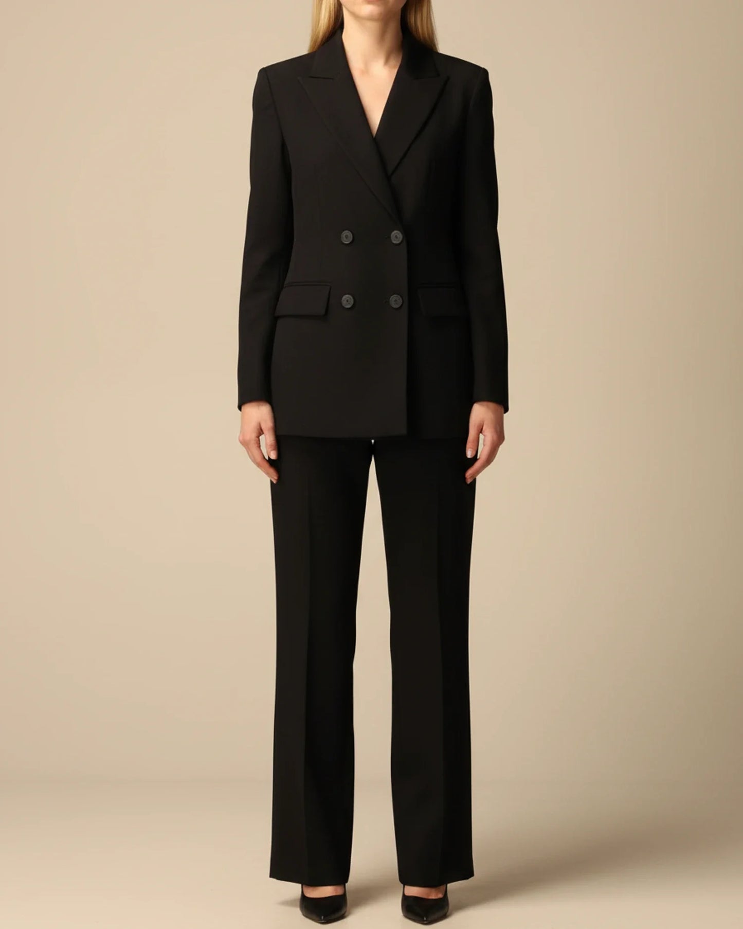 Women's formal double-breasted pantsuit with tailored straight-leg pants and blazer for office wear