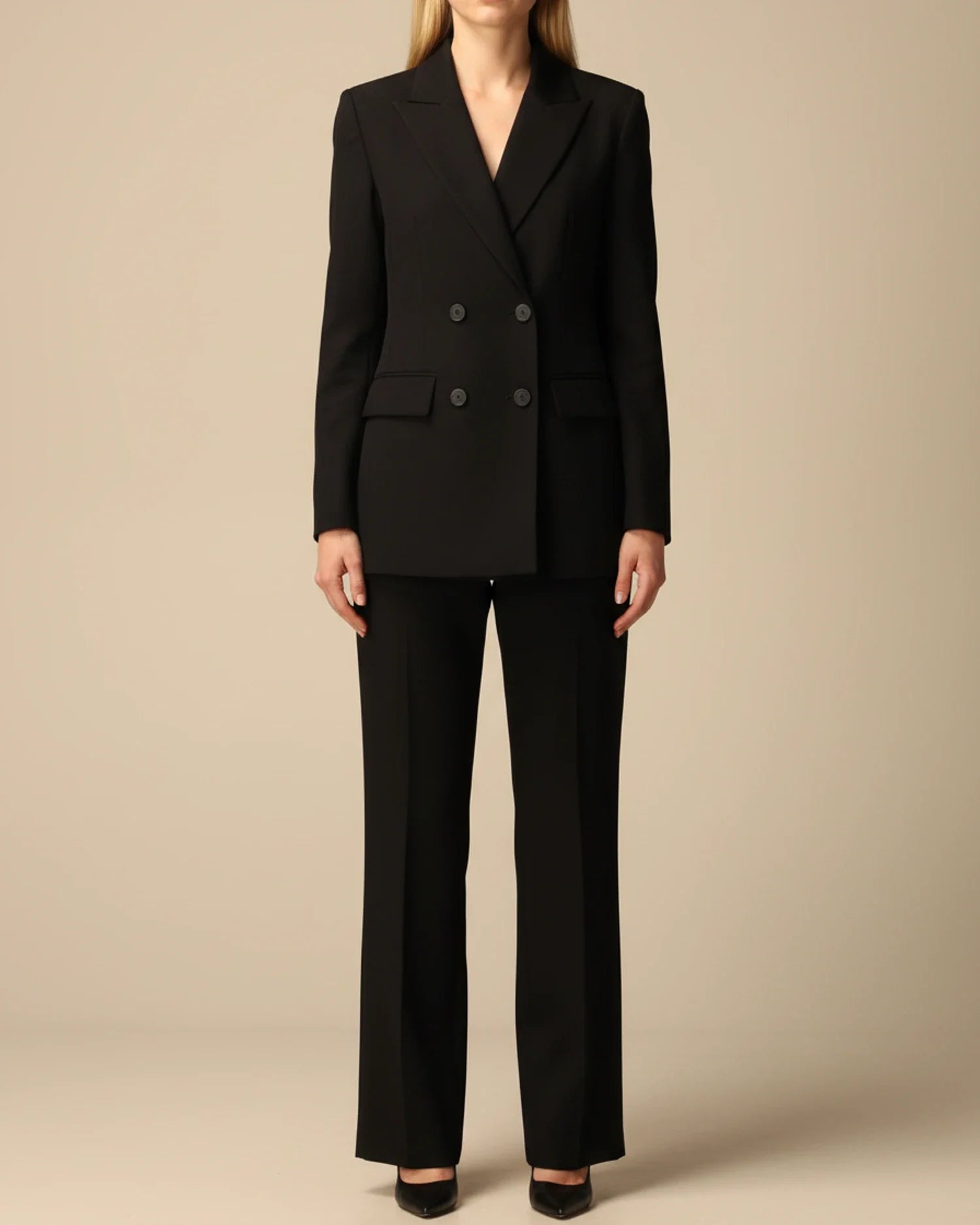 Women's formal double-breasted pantsuit with tailored straight-leg pants and blazer for office wear
