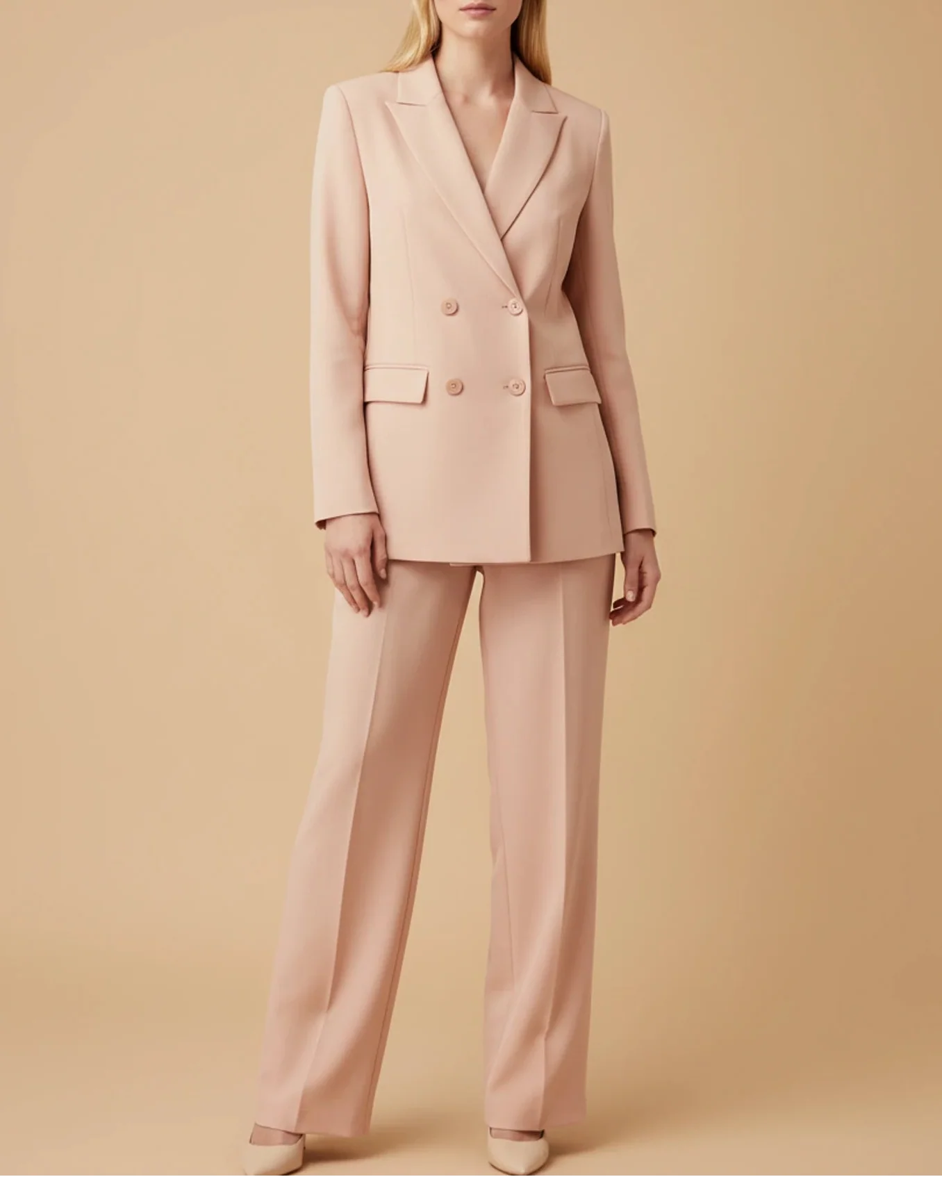 Women's formal double-breasted pantsuit with tailored straight-leg pants and blazer for office