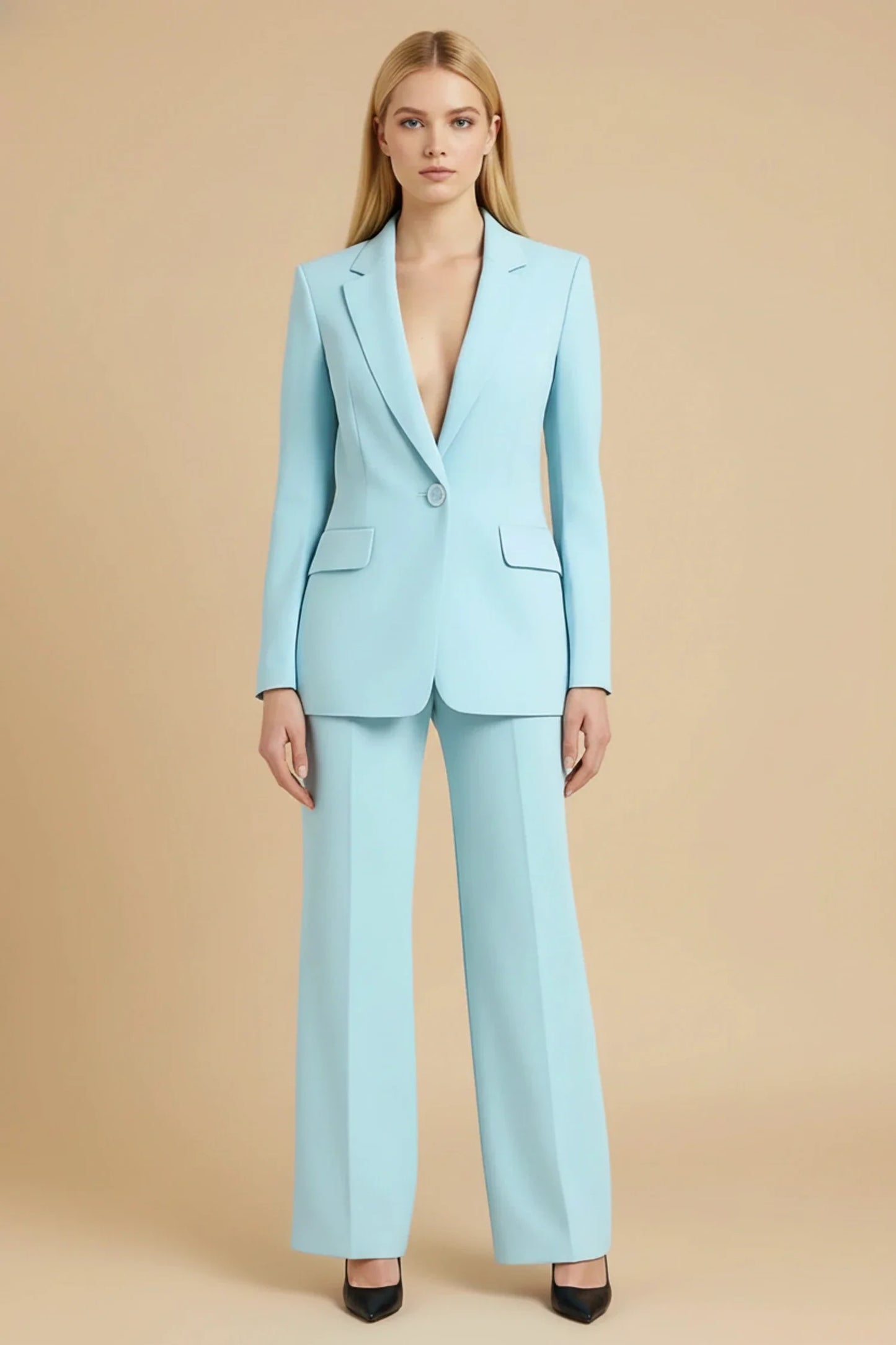 Women's black tailored blazer suit set notch lapels wide-leg pants single-button elegant business