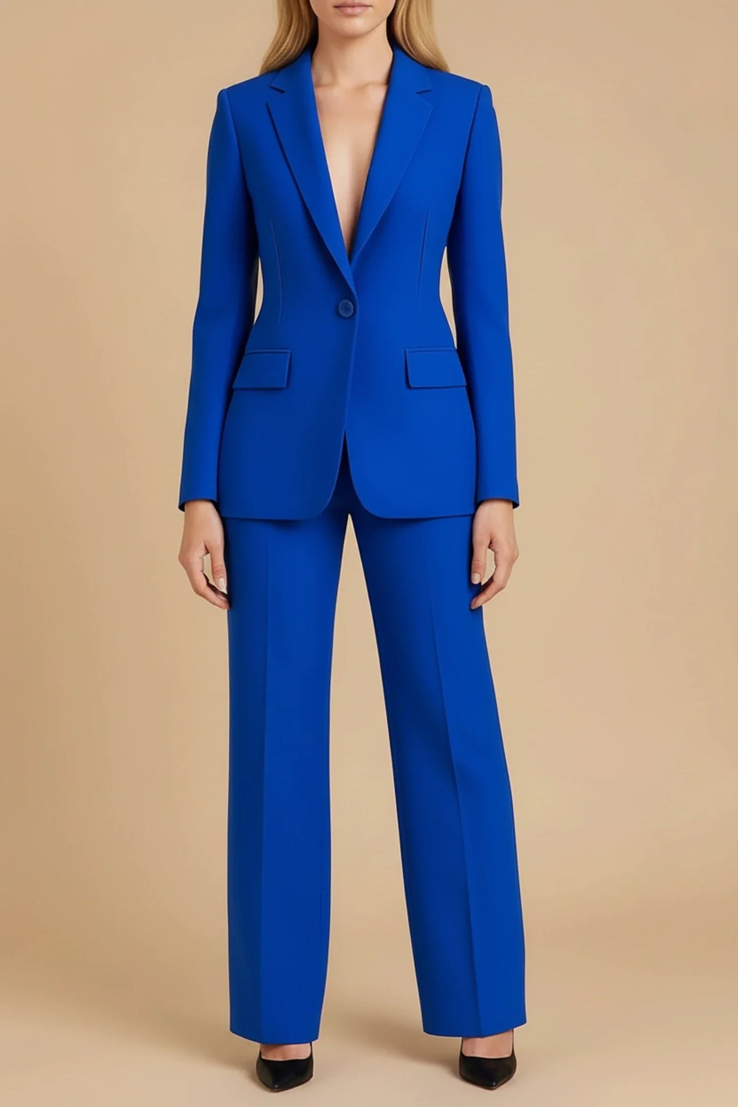 Women's elegant business suit set tailored long blazer notch lapels wide leg pants single button