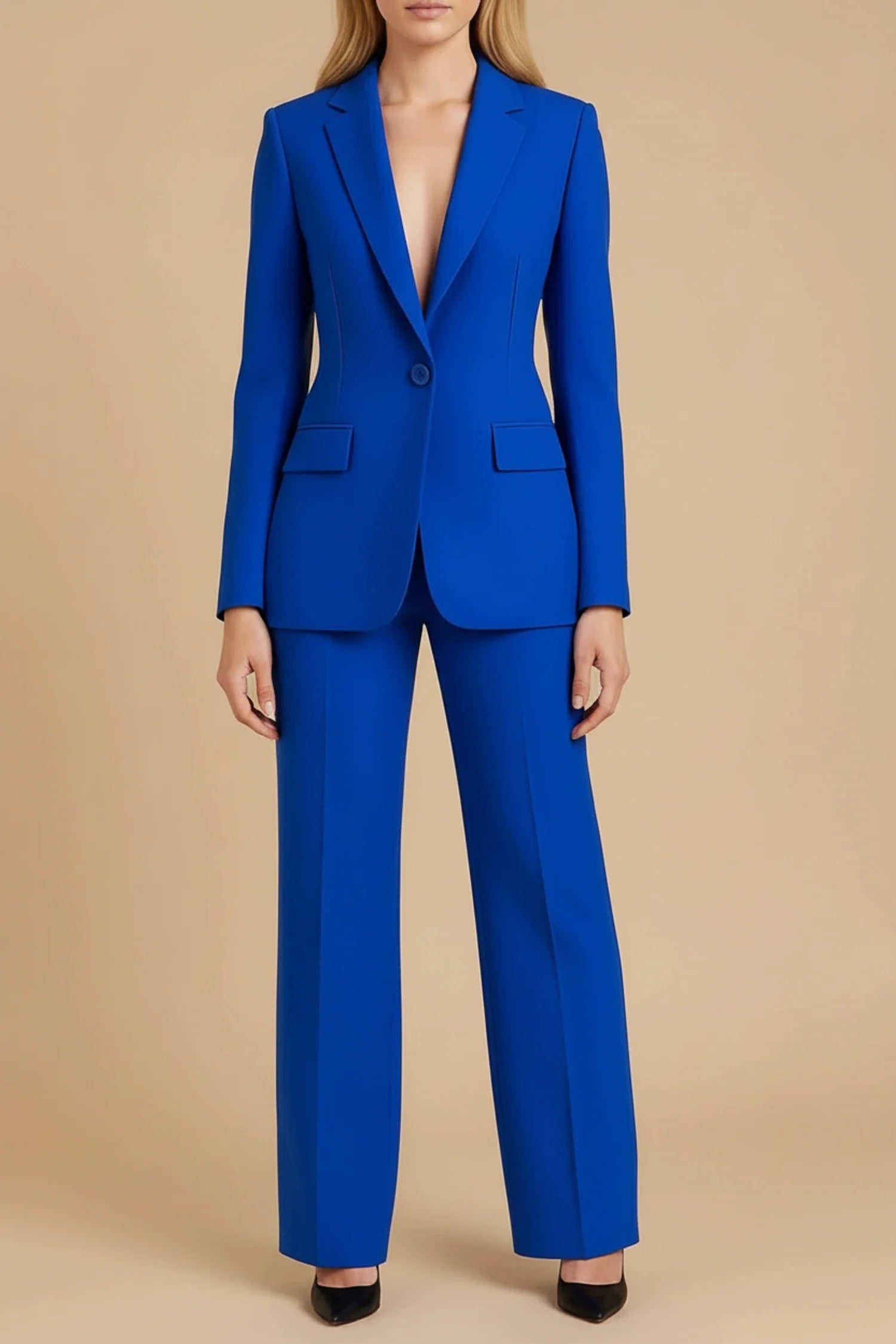 Women's elegant business suit set tailored long blazer notch lapels wide leg pants single button