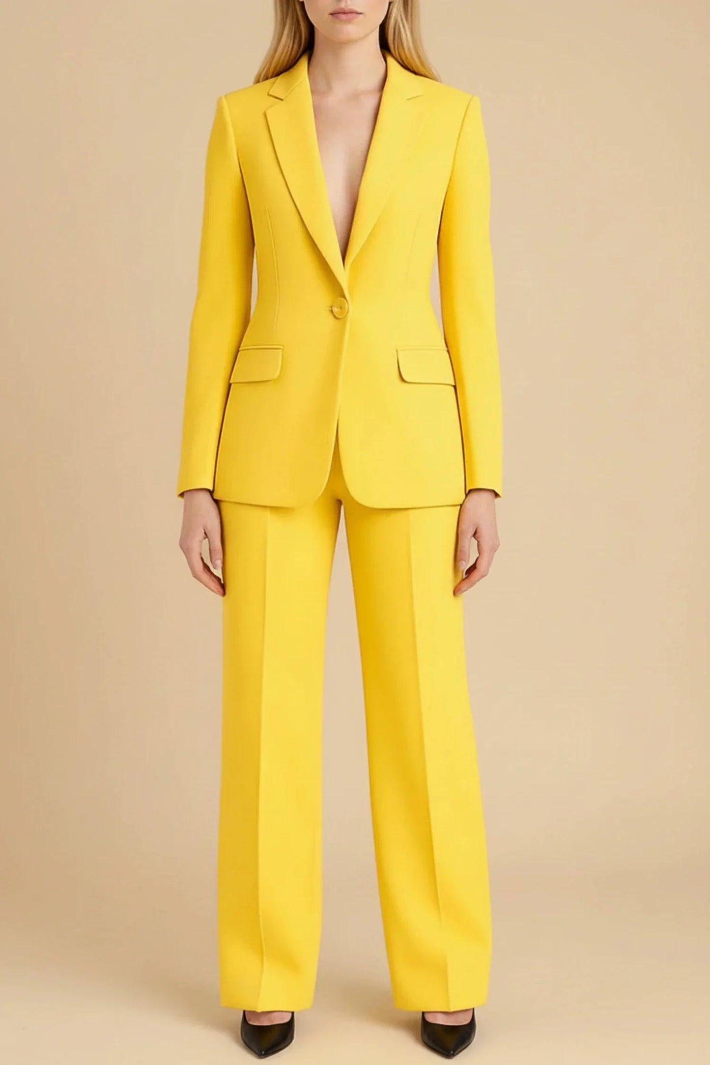 Women's elegant business suit set tailored long blazer notch lapels wide leg pants single button