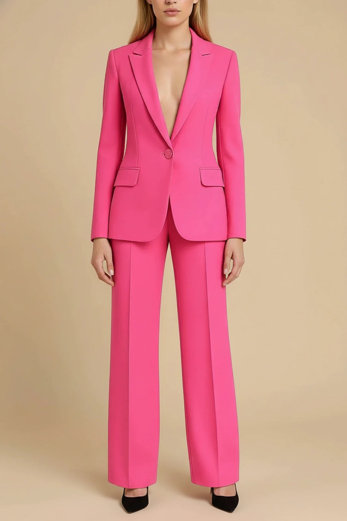 Women's elegant business suit set tailored long blazer notch lapels wide leg pants single button