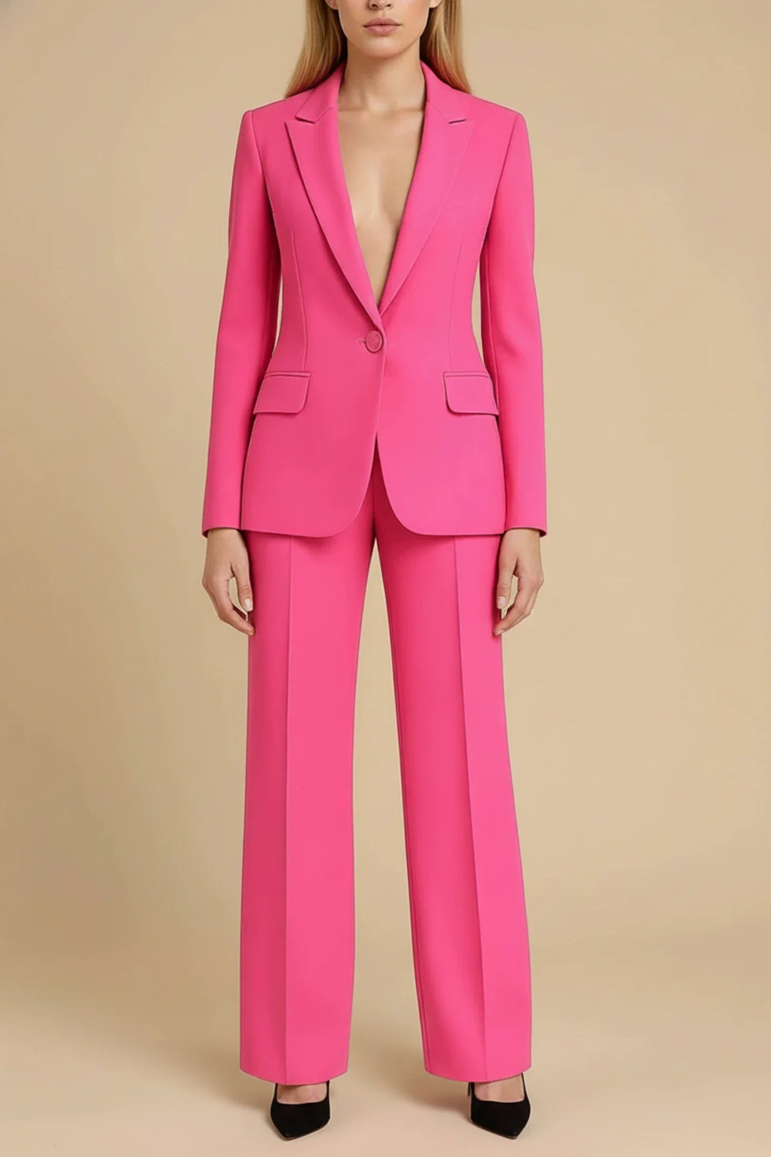 Women's elegant business suit set tailored long blazer notch lapels wide leg pants single button