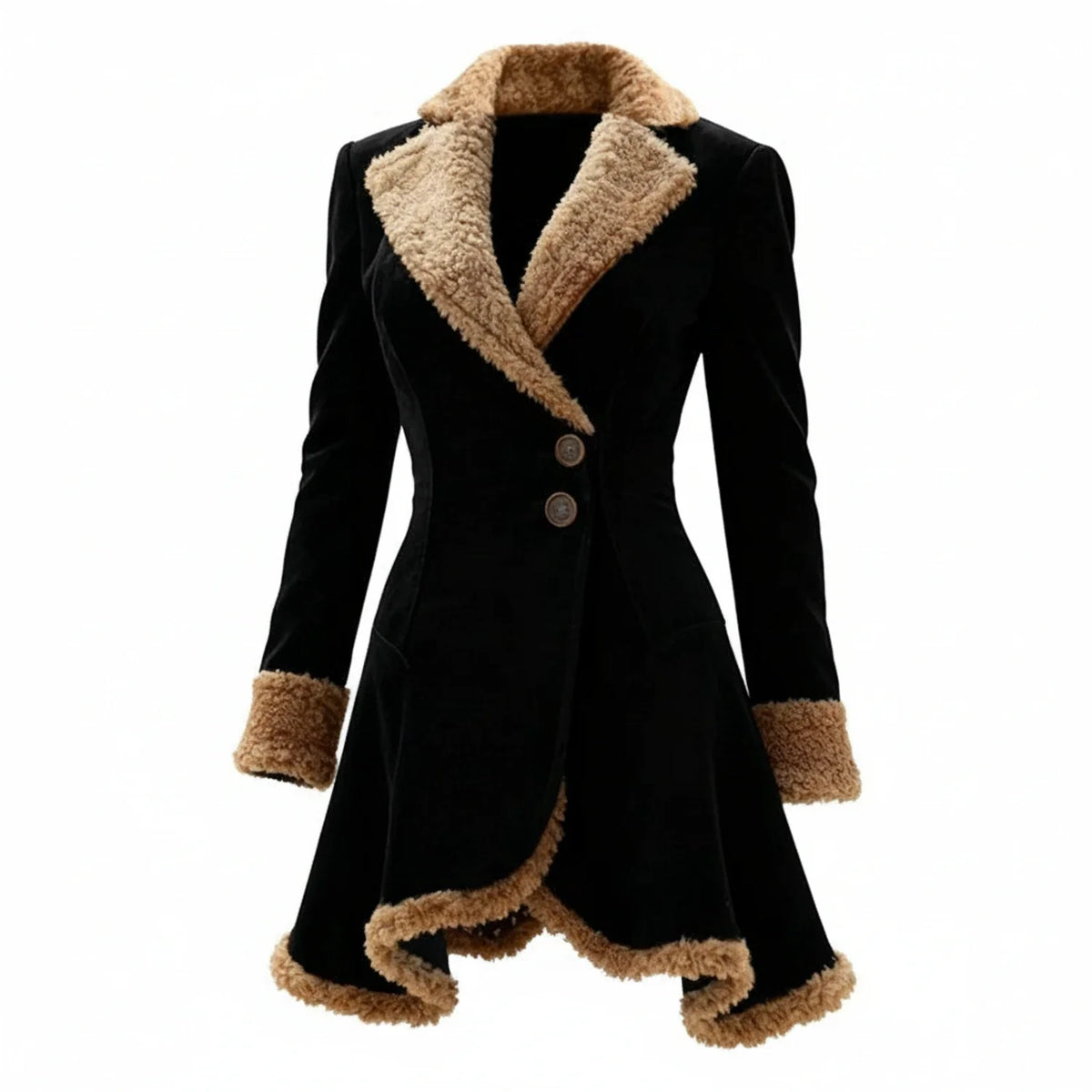 Women's black fur trim winter coat with asymmetrical hem and flattering fitted silhouette
