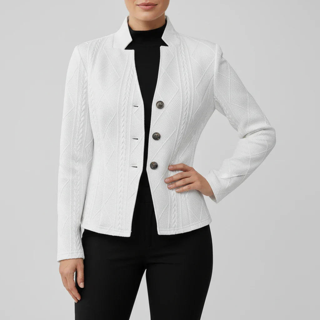 Women's fitted blazer jacket tailored silhouette professional style all-day comfort classic cut