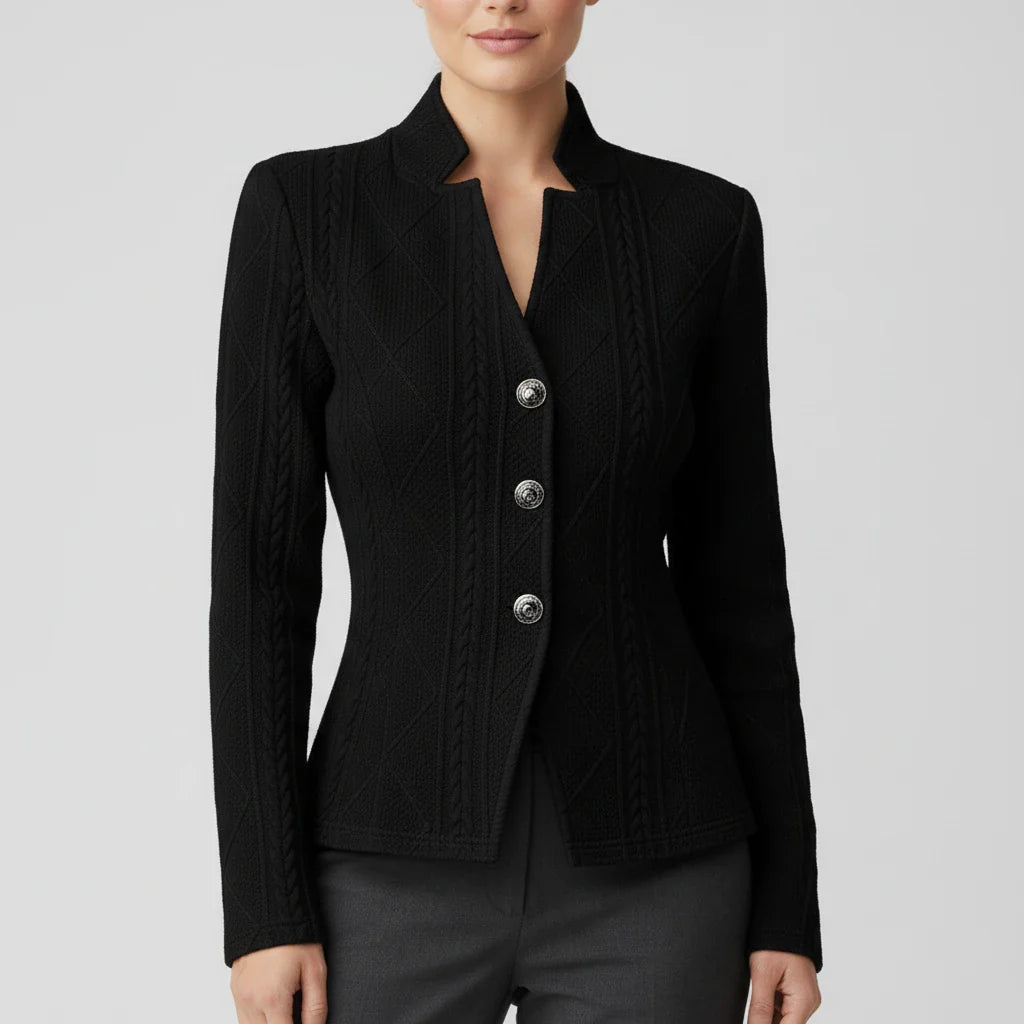 Women's fitted blazer jacket tailored silhouette professional style all-day comfort classic cut